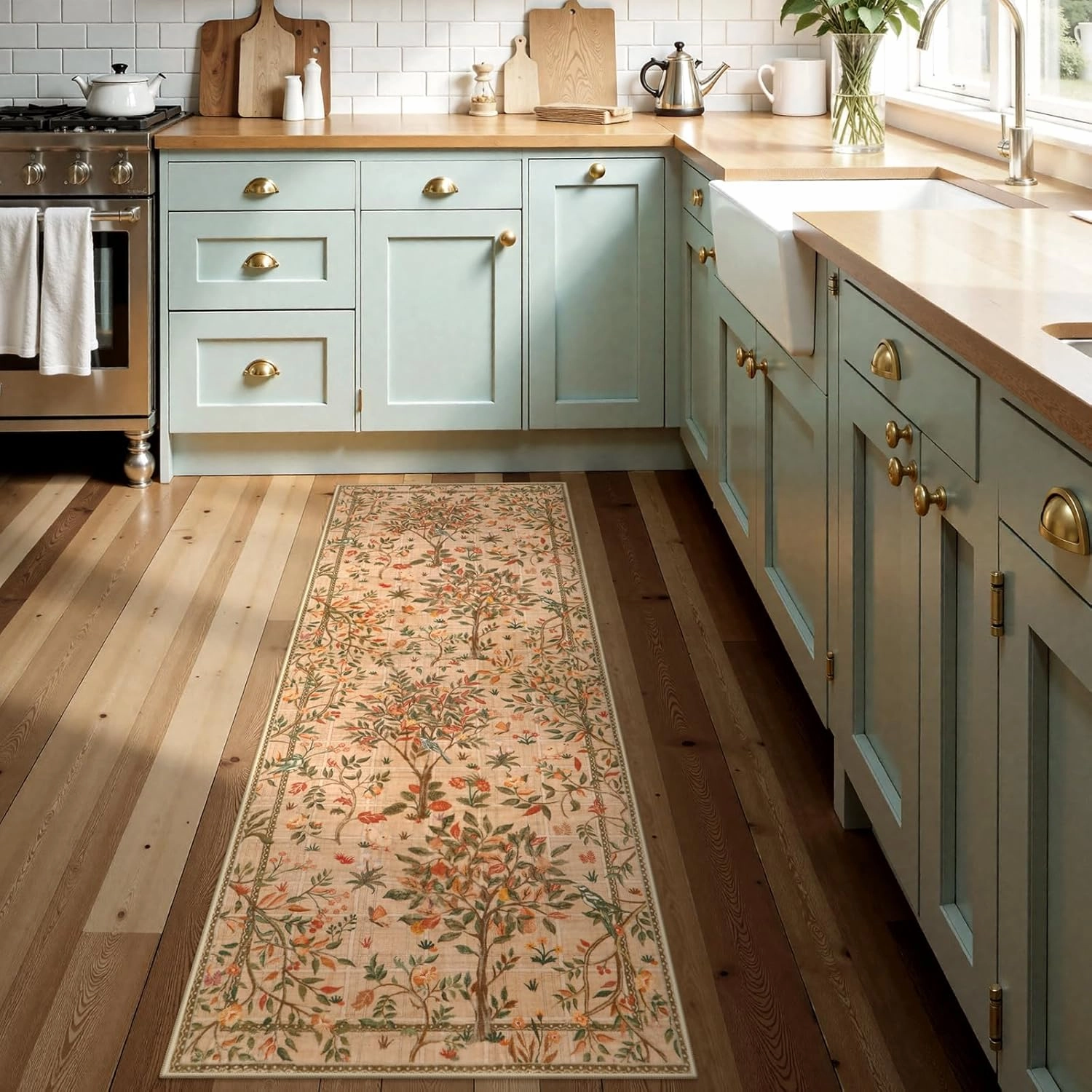 Morebes Boho Hallway Runner Rug 8 ft, Floral Kitchen Runner Rugs Non Skid Washable, Soft Low-Pile Flower Botanical Indoor Floor Throw Carpet for Entryway Bedside Bathroom, Brown