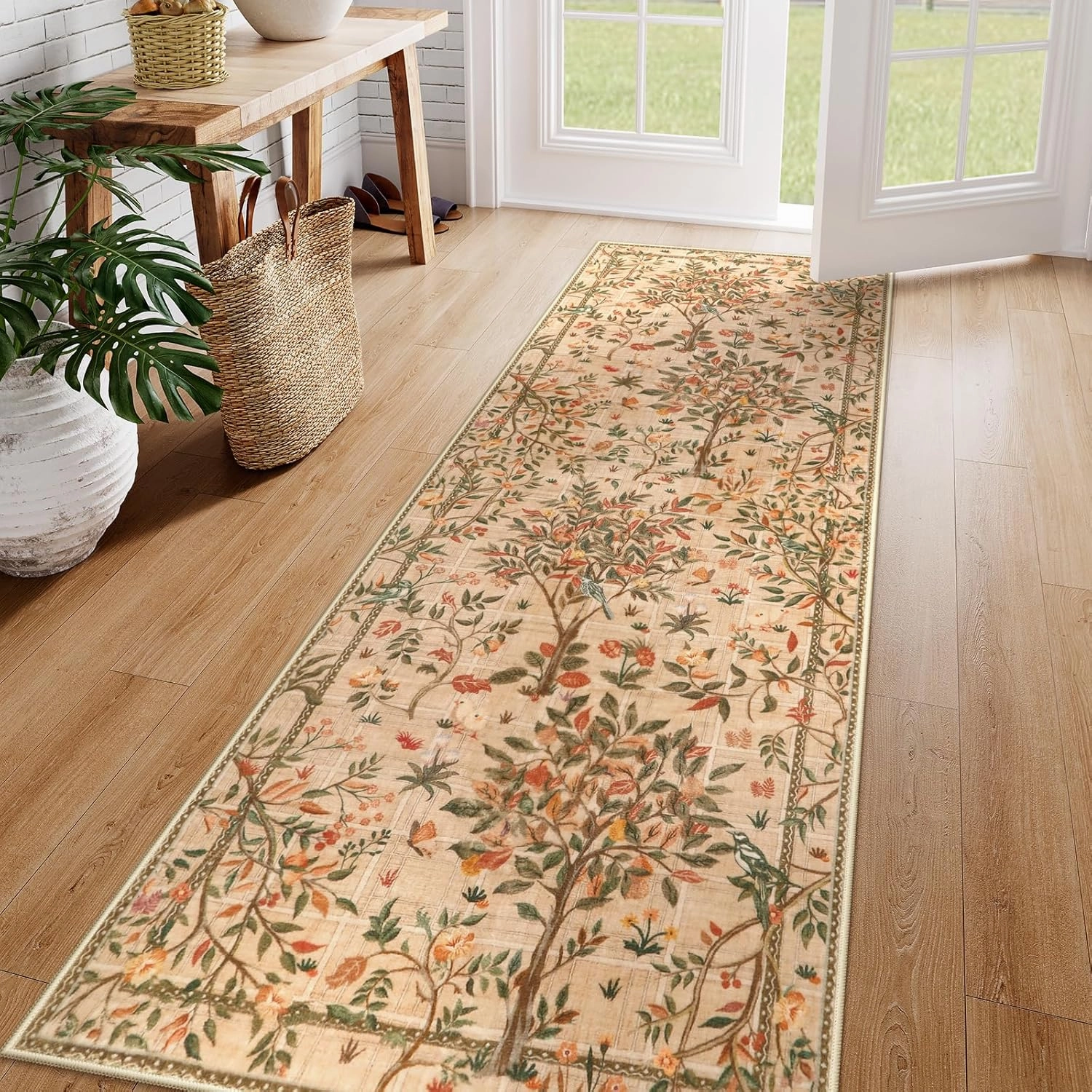 Morebes Boho Hallway Runner Rug 8 ft, Floral Kitchen Runner Rugs Non Skid Washable, Soft Low-Pile Flower Botanical Indoor Floor Throw Carpet for Entryway Bedside Bathroom, Brown