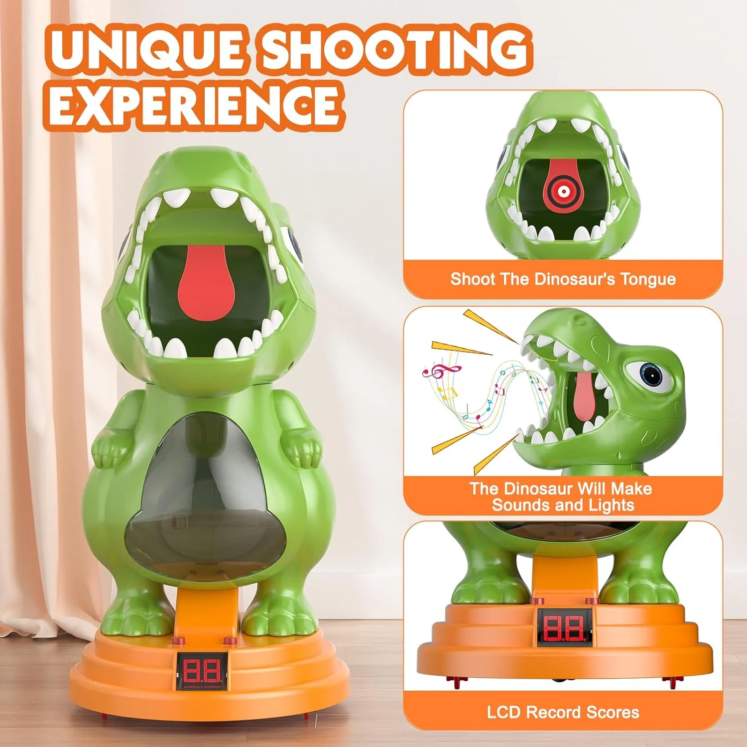 Movable Dinosaur Shooting Toys for Kids 5-7 with 2 Air Pump Gun, Target Shooting Games with LED Score Record, Light & Sound, 24 Foam Balls Competition Game Gift for Boys and Girls 3 4 5 6 7 