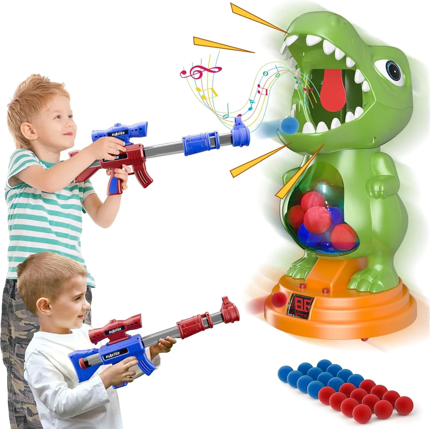 Movable Dinosaur Shooting Toys for Kids 5-7 with 2 Air Pump Gun, Target Shooting Games with LED Score Record, Light & Sound, 24 Foam Balls Competition Game Gift for Boys and Girls 3 4 5 6 7 