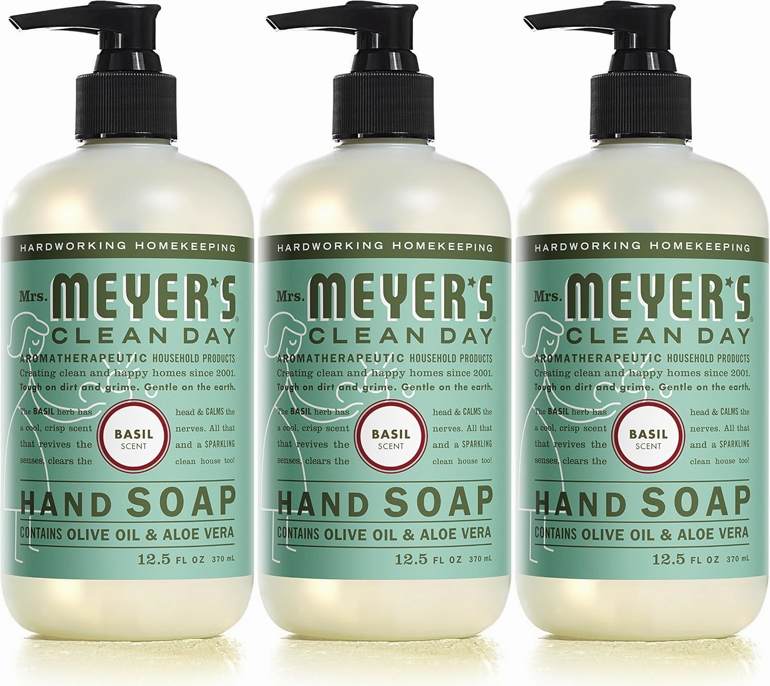 MRS. MEYER'S CLEAN DAY Hand Soap, Made with Essential Oils, Biodegradable Formula, Basil, 12.5 fl. oz - Pack of 3