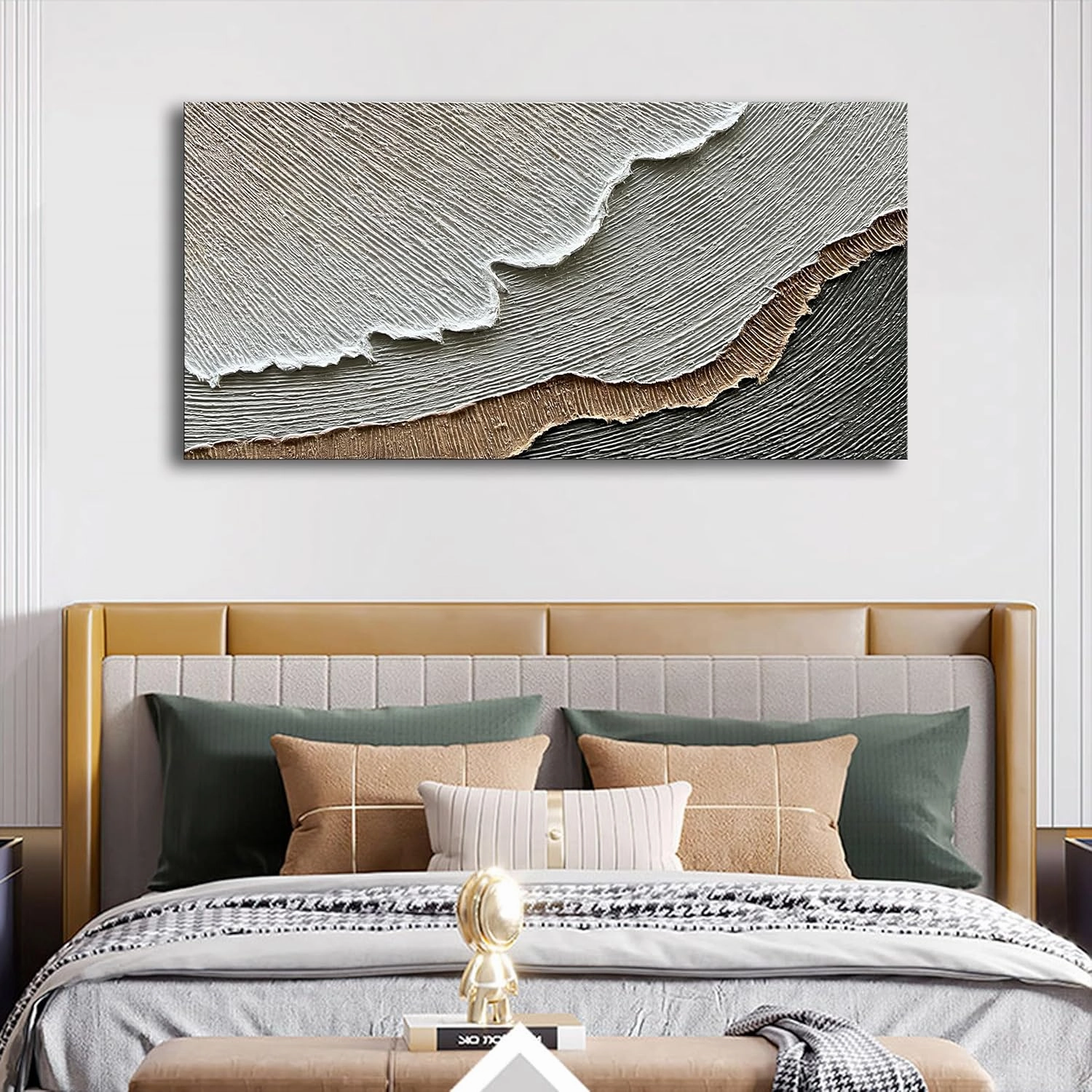 NANKAI Thick Texture Abstract Oil Painting Hand-Painted Beach Wave Landscape Oil Painting Family Wall Decorative Art 24x48 Inch