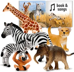 Narratoys Safari Animal Figures for Toddlers with Book & Audio - 6 Realistic Jungle Baby Toys Set with Elephant, Giraffe, Zebra, Monkey - Educational Plastic Figurines for Kids 18  Months
