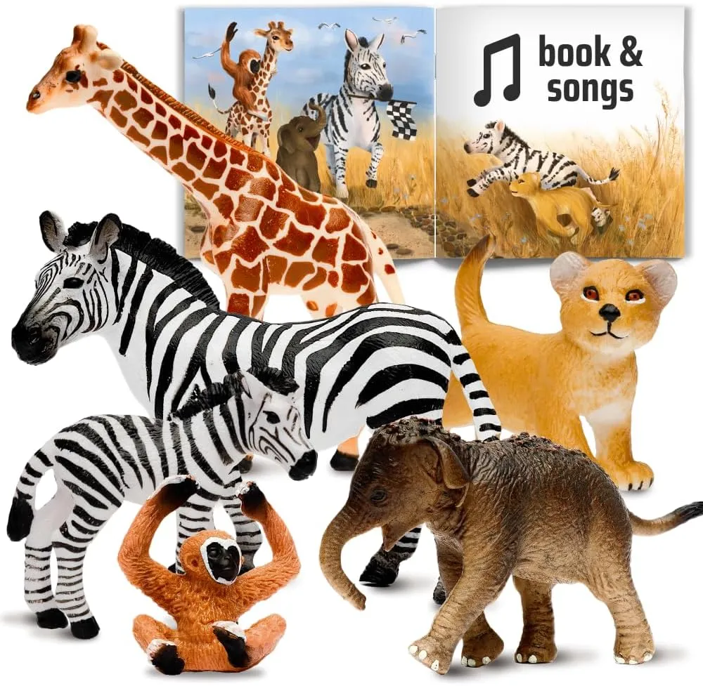 Narratoys Safari Animal Figures for Toddlers with Book & Audio - 6 Realistic Jungle Baby Toys Set with Elephant, Giraffe, Zebra, Monkey - Educational Plastic Figurines for Kids 18  Months