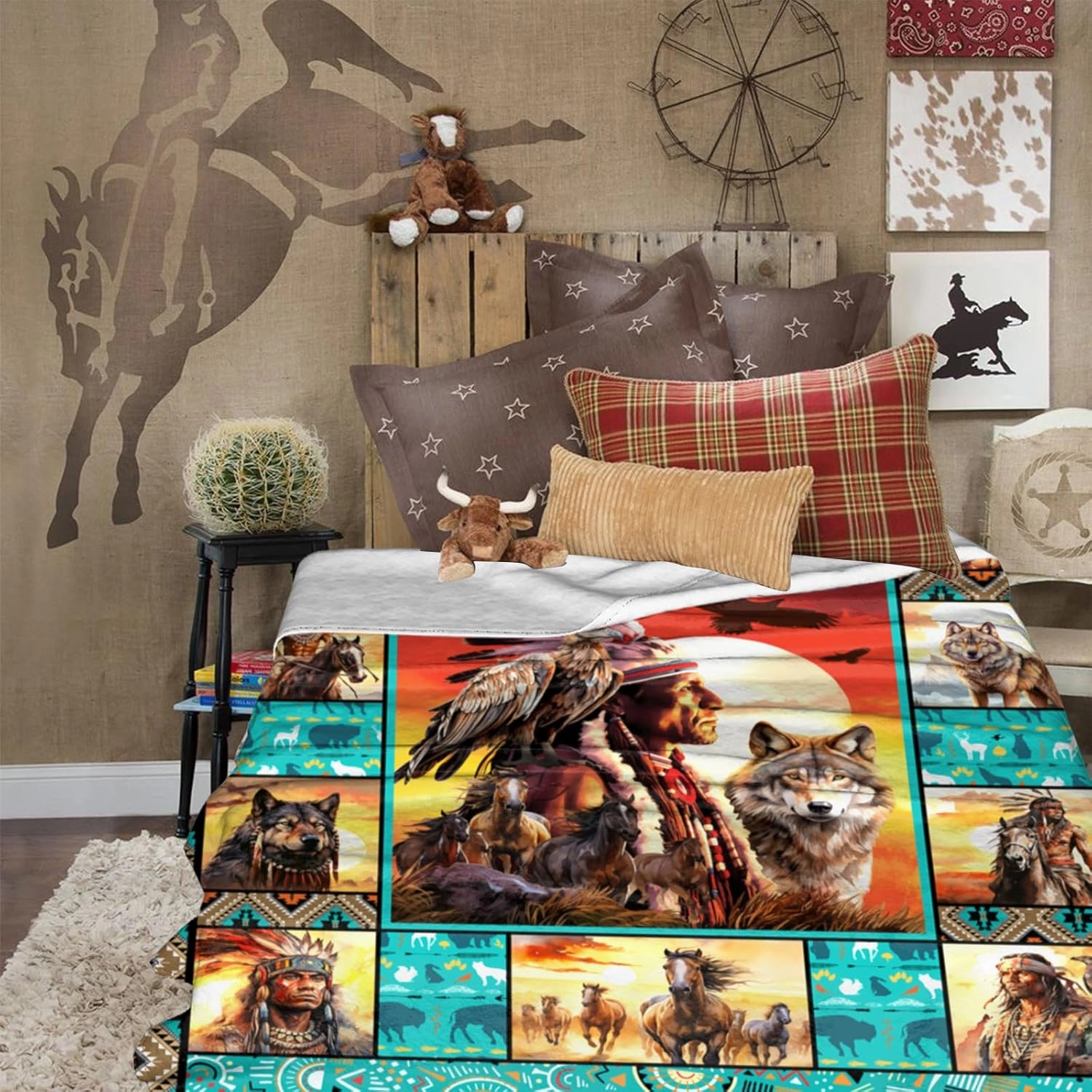 Native American Indian Blankets American Indian Flannel Blanket Southwest Throw Blanket Super Soft Cozy Plush Native American Cacique Blankets for Couch Bed Travelling Camping Gift 50"x60"