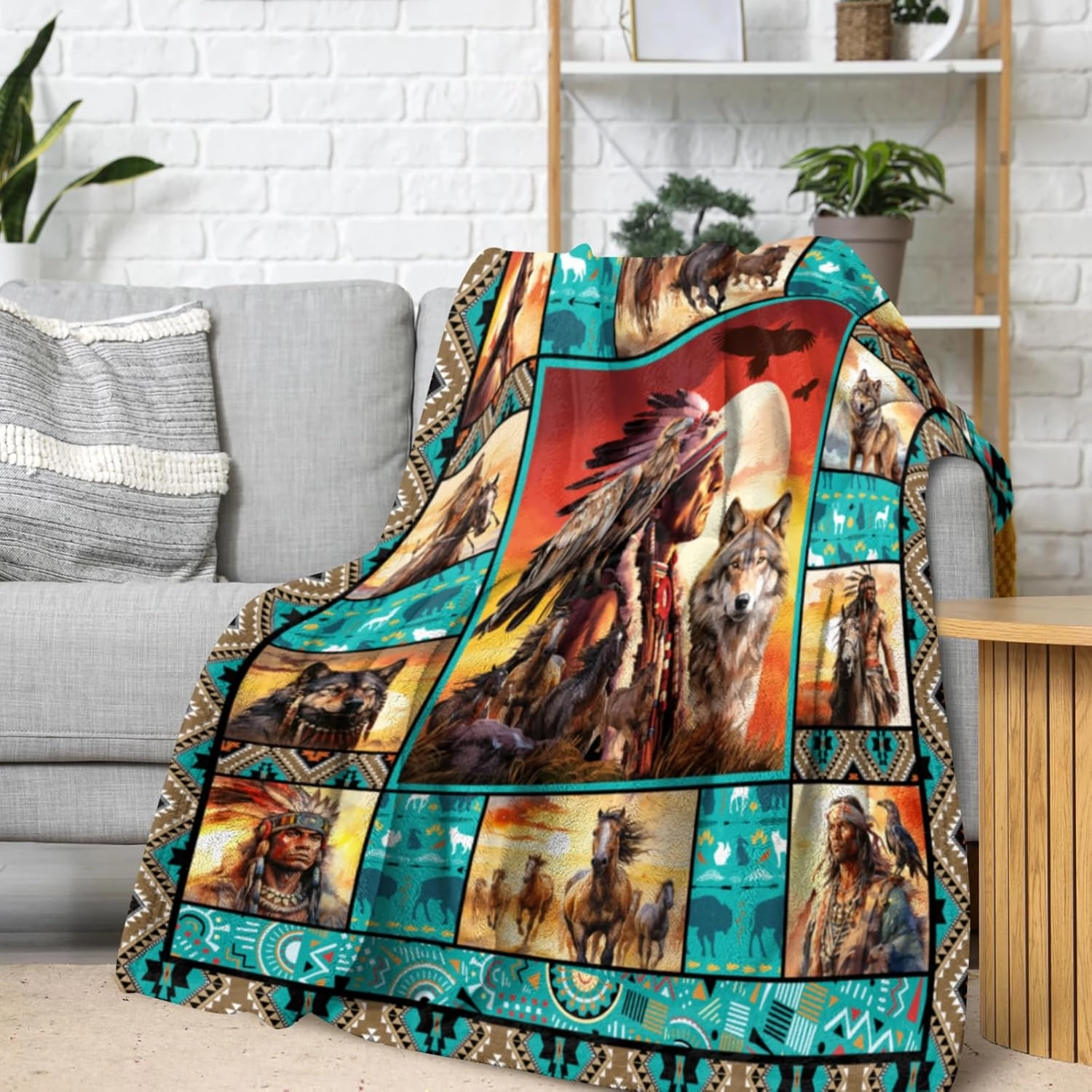 Native American Indian Blankets American Indian Flannel Blanket Southwest Throw Blanket Super Soft Cozy Plush Native American Cacique Blankets for Couch Bed Travelling Camping Gift 50"x60"