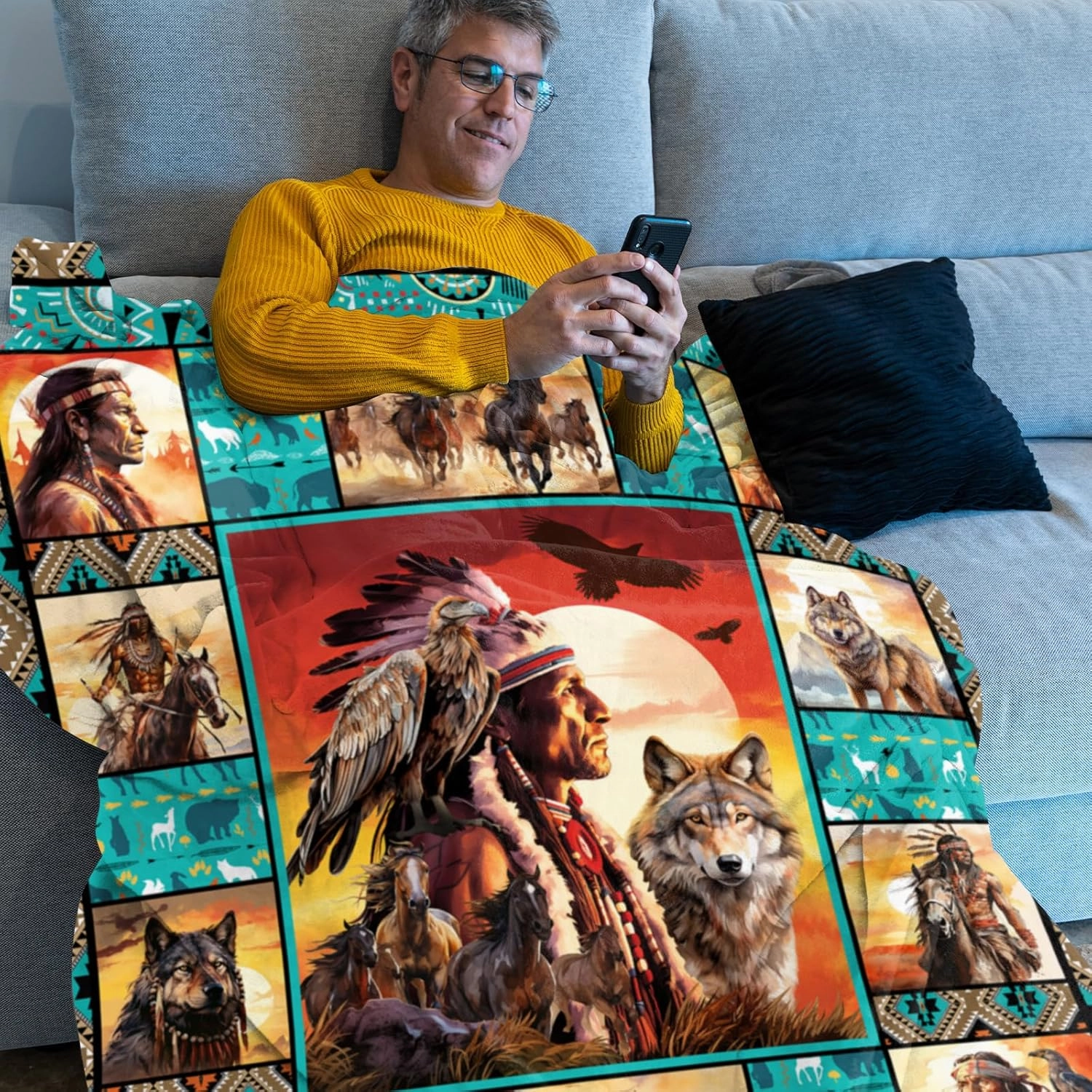 Native American Indian Blankets American Indian Flannel Blanket Southwest Throw Blanket Super Soft Cozy Plush Native American Cacique Blankets for Couch Bed Travelling Camping Gift 50"x60"