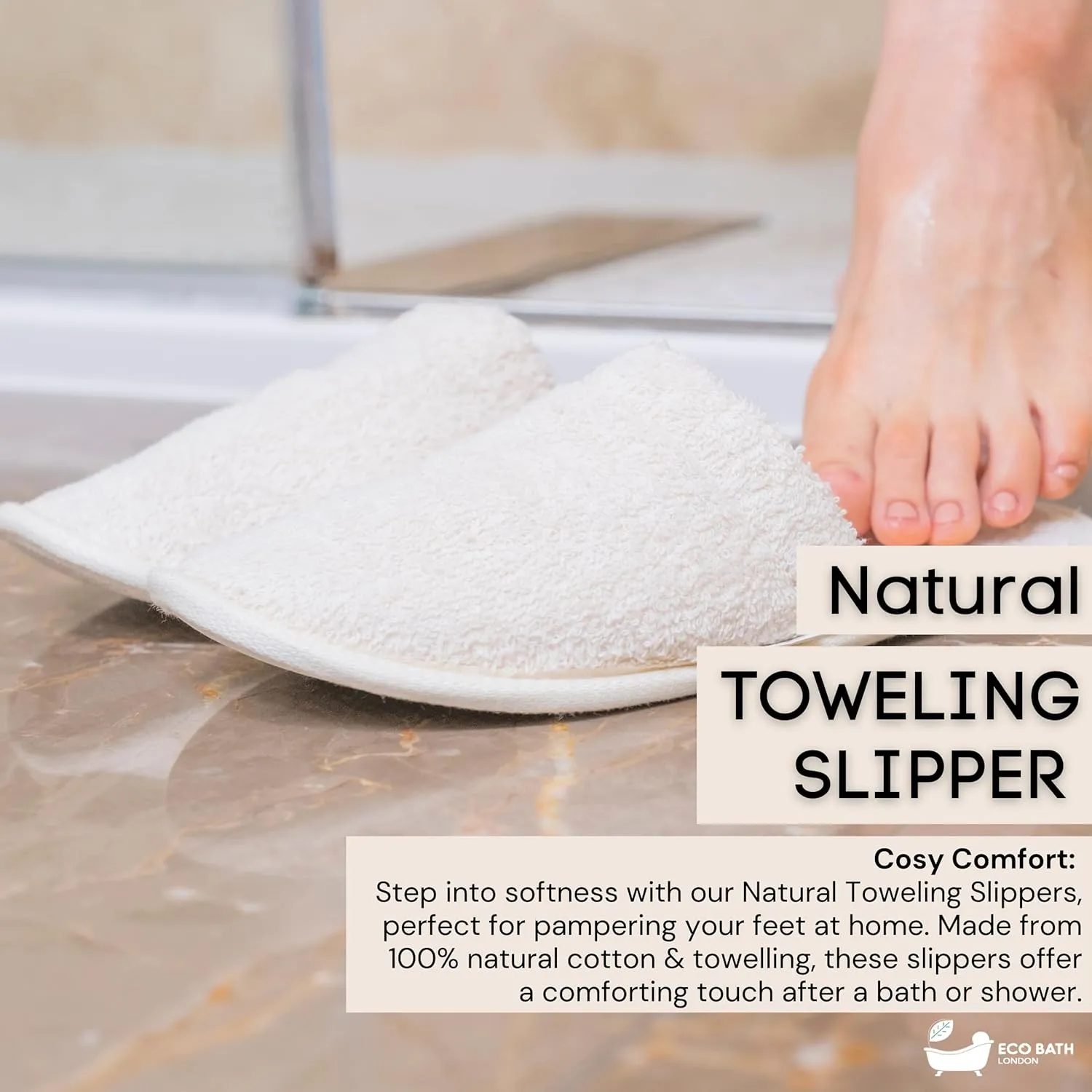 Natural Toweling Slippers - GOTS Certified 100% Organic Cotton, Ultra Soft, Machine Washable Indoor Slippers for Bath and Home XL Size UK(10-11) US (12-13)