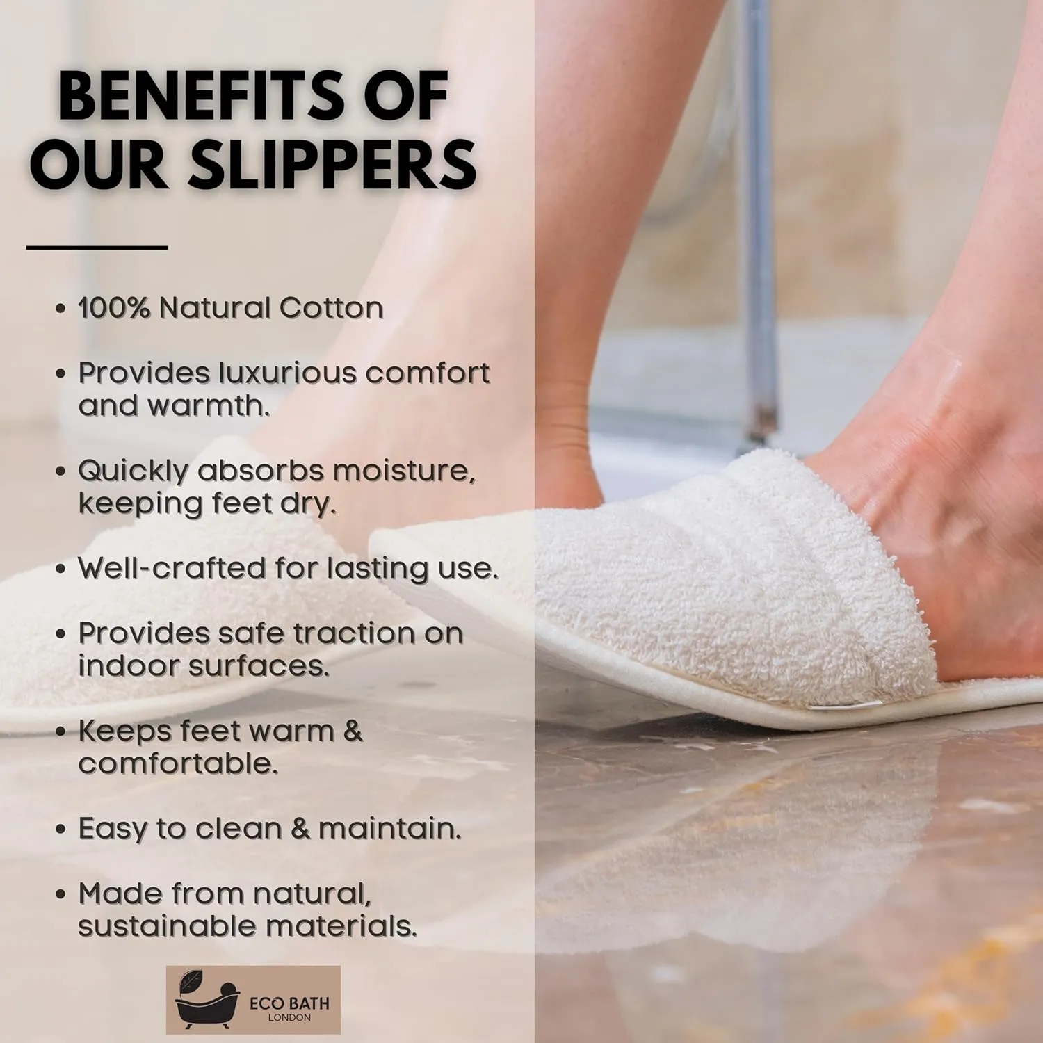 Natural Toweling Slippers - GOTS Certified 100% Organic Cotton, Ultra Soft, Machine Washable Indoor Slippers for Bath and Home XL Size UK(10-11) US (12-13)