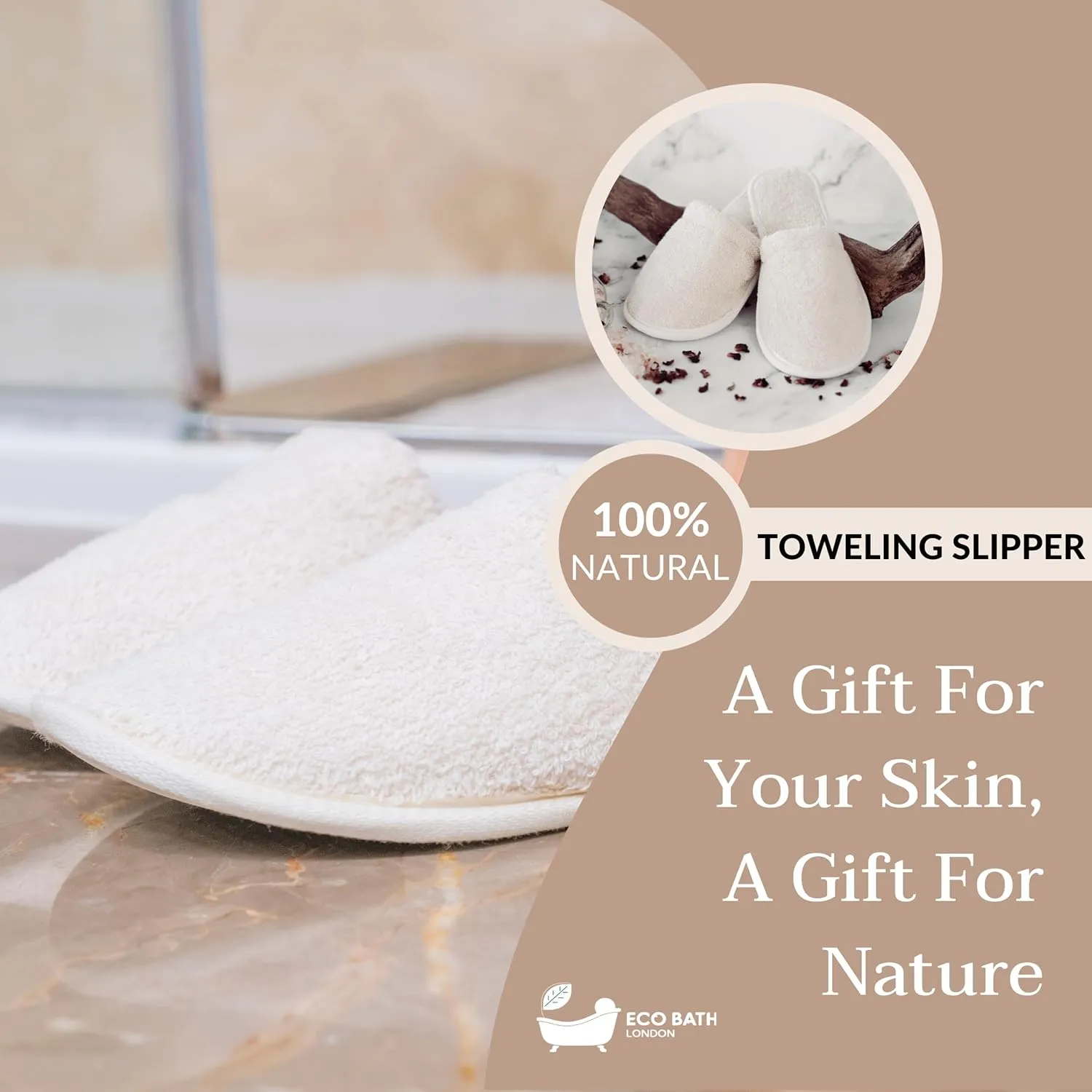 Natural Toweling Slippers - GOTS Certified 100% Organic Cotton, Ultra Soft, Machine Washable Indoor Slippers for Bath and Home XL Size UK(10-11) US (12-13)