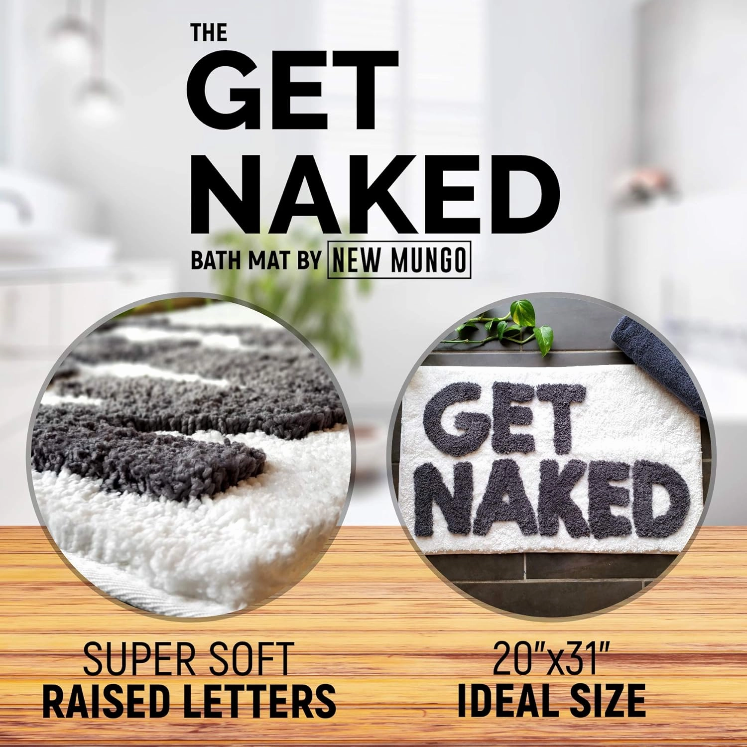 New Mungo Get Naked Bath Mat for Bathtub - Cute Bath Rugs for Apartment Decor - Bath Mats for Bathroom as Shower Floor Mat - Tufted Gray and White Bathroom Rug - 31" x 20"