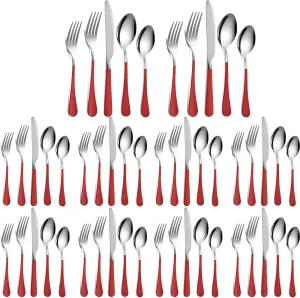 Nuenen 50 Pcs Red Silverware Set Stainless Steel Flatware Red Handle Cutlery Set Service for 10 Tableware Cutlery for Home and Restaurant Include Dinner Knives, Fork, Spoon, Salad Fork, Teaspoon