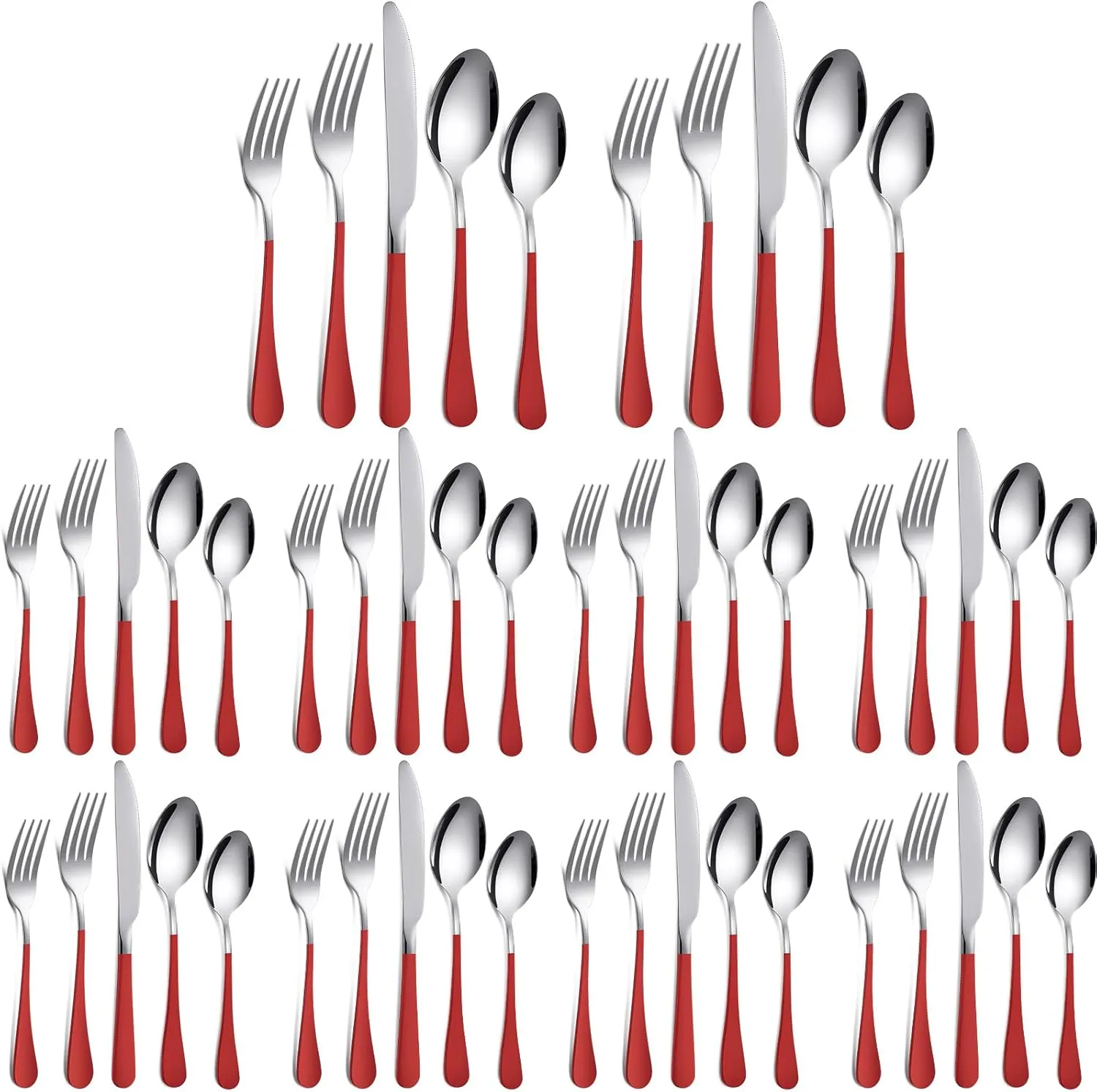 Nuenen 50 Pcs Red Silverware Set Stainless Steel Flatware Red Handle Cutlery Set Service for 10 Tableware Cutlery for Home and Restaurant Include Dinner Knives, Fork, Spoon, Salad Fork, Teaspoon