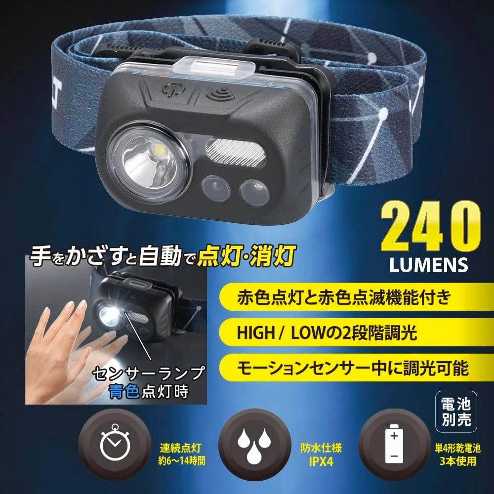 Ohm Electric LC-S24A7 08-0934 OHM LED Headlight, Motion Sensor Switch, Dimmable, White On, Red Light, Flashing Red, IPX4, ECLAT, 240 Lumens, Battery Operated (AAA x 3), Outdoors, Disasters, Disaster