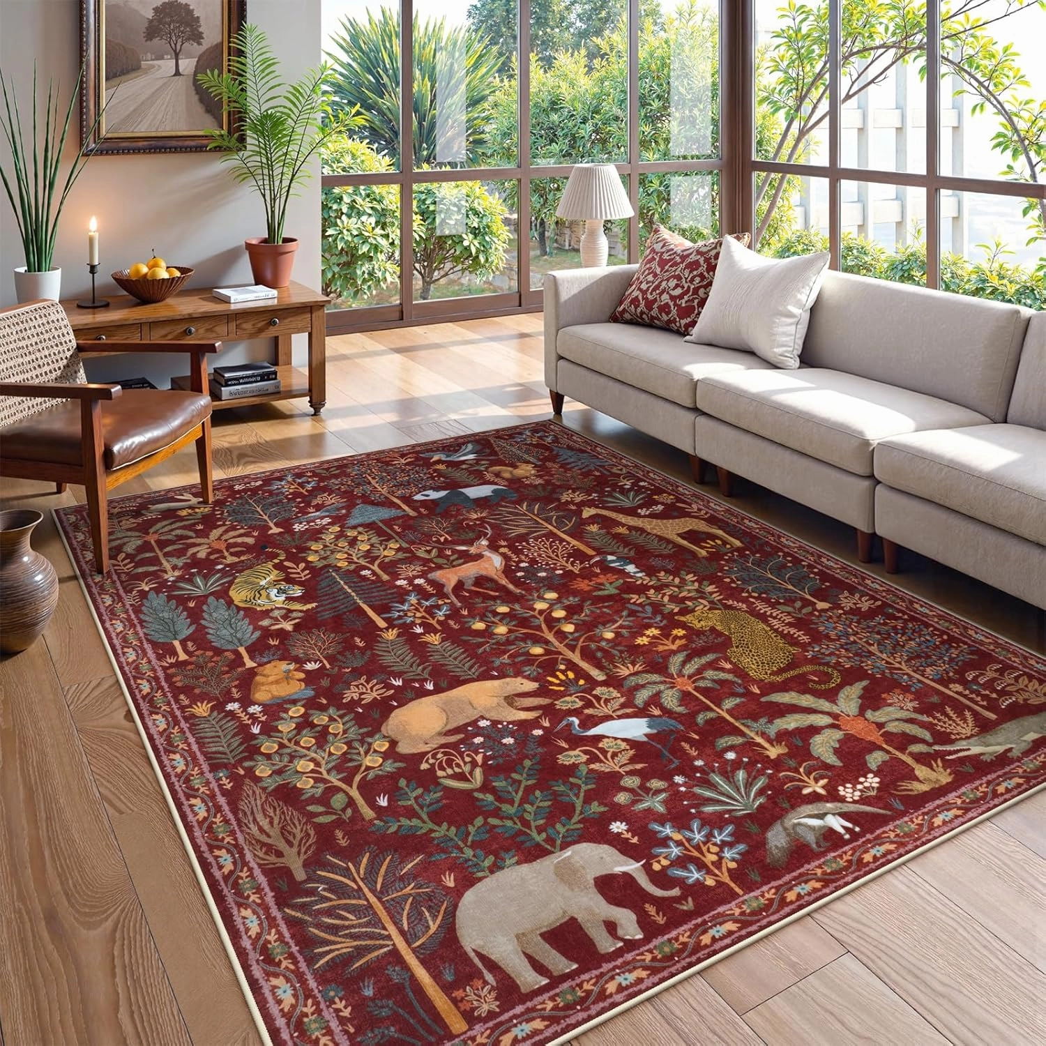 OJIA Jungle Print Washable Area Rugs 5x7, Soft Rugs for Living Room Ultra-Thin Non-Shedding Modern Bedroom Rug, Stain Resistant Throw Rug Large Carpet for Kids Nursery Dining Room, Red