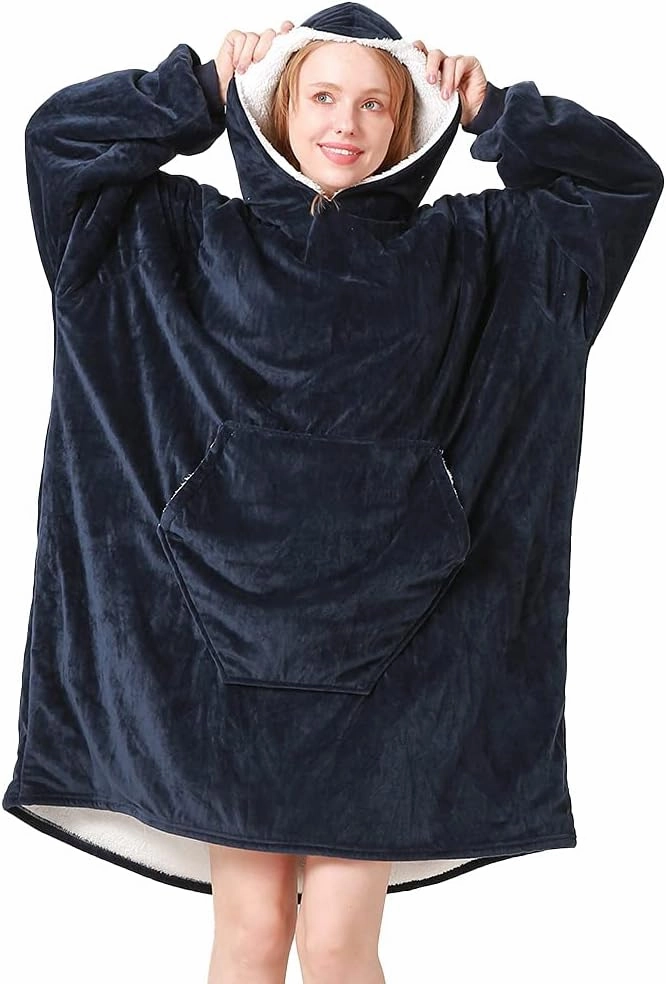 Oversize Wearable Blanket Sweatshirt with Hood Pocket Sleeves Warm Comfortable Plush Hooded Blanket
