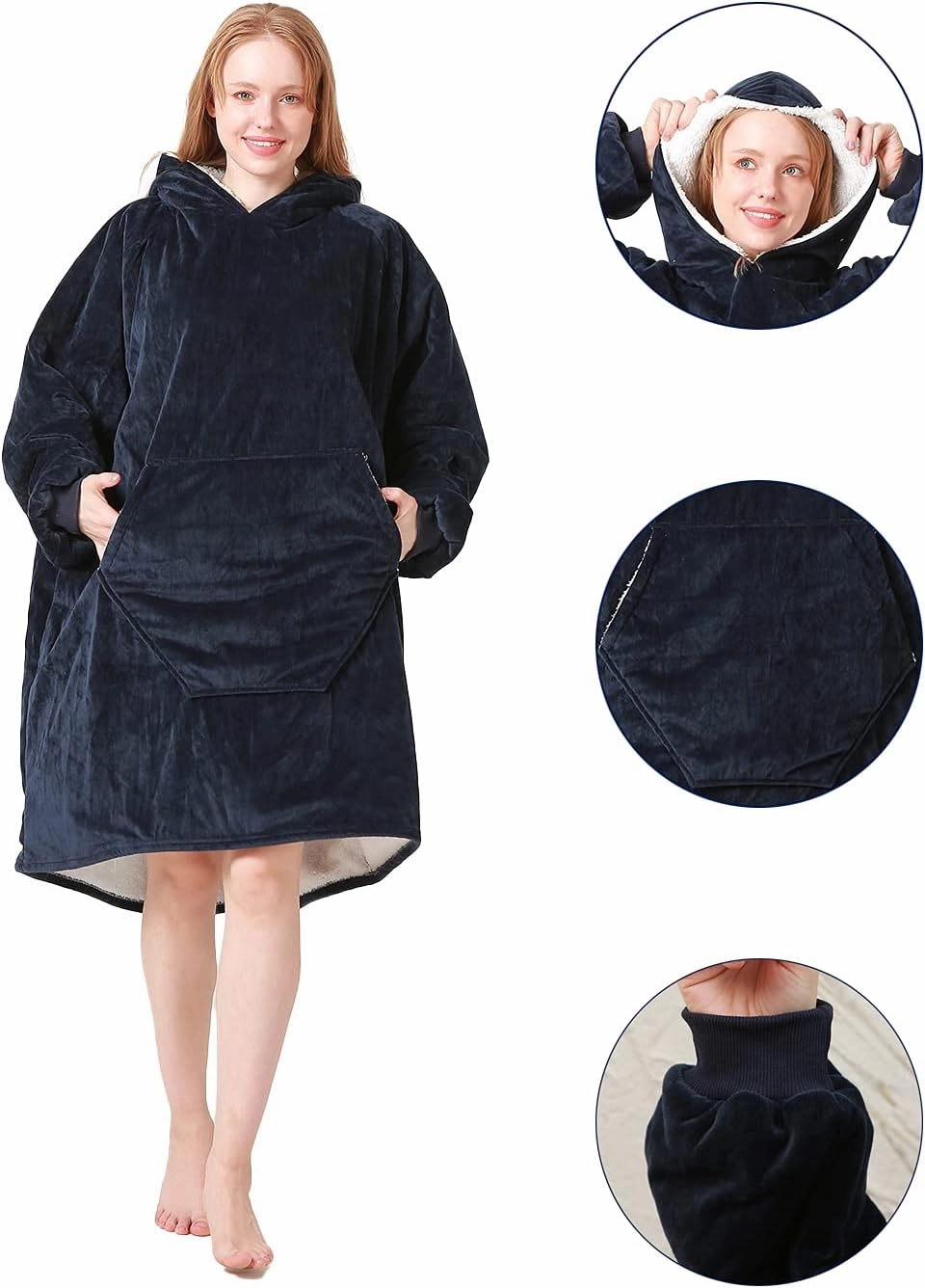 Oversize Wearable Blanket Sweatshirt with Hood Pocket Sleeves Warm Comfortable Plush Hooded Blanket