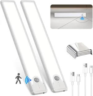 Pak Under Cabinet Lighting, 16 Inch 83 LED Rechargeable Battery Operated Motion Sensor Light Indoor, 1100 mAh Wireless Magnetic Dimmable 6500K Closet Lights for Under Counter, Kitchen, Stairs, 2 Pack