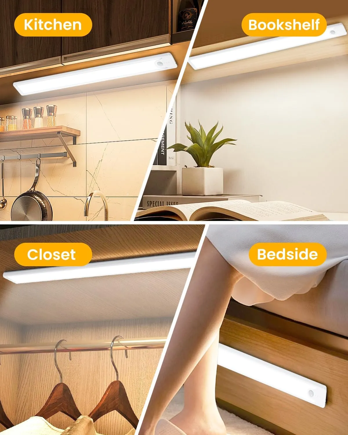 Pak Under Cabinet Lighting, 16 Inch 83 LED Rechargeable Battery Operated Motion Sensor Light Indoor, 1100 mAh Wireless Magnetic Dimmable 6500K Closet Lights for Under Counter, Kitchen, Stairs, 2 Pack
