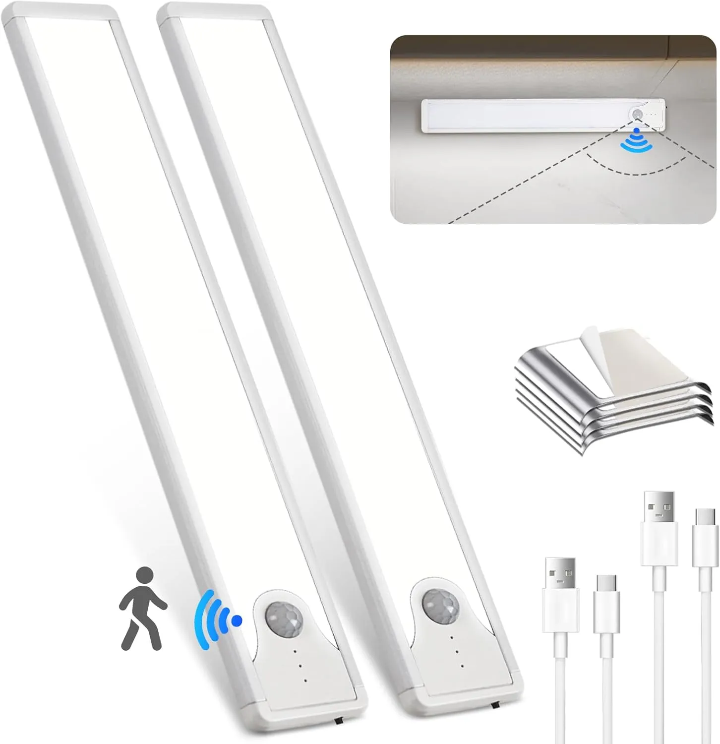 Pak Under Cabinet Lighting, 16 Inch 83 LED Rechargeable Battery Operated Motion Sensor Light Indoor, 1100 mAh Wireless Magnetic Dimmable 6500K Closet Lights for Under Counter, Kitchen, Stairs, 2 Pack