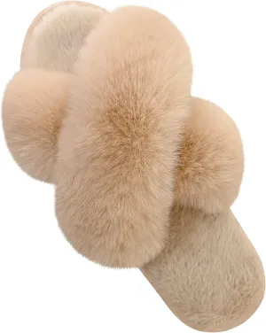 Parlovable Women's Fuzzy Slippers Comfy Cross Band House Shoes Memory Foam Open Toe Indoor Gifts for Ladies