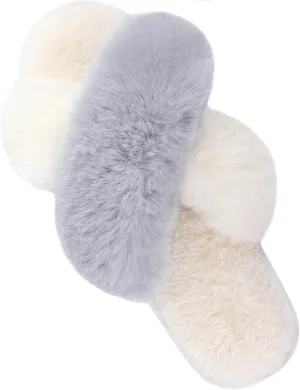 Parlovable Women's Fuzzy Slippers Comfy Cross Band House Shoes Memory Foam Open Toe Indoor Gifts for Ladies
