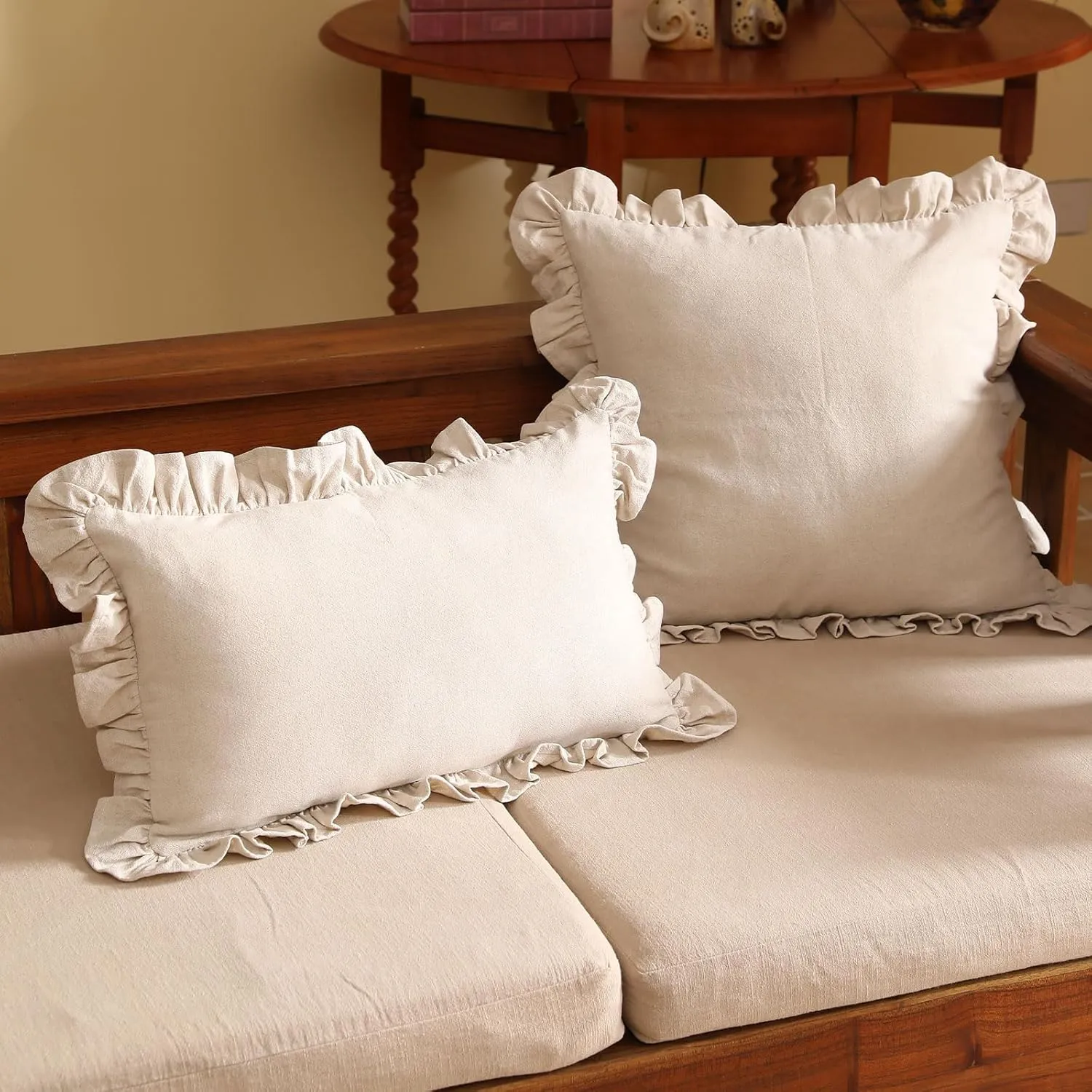 patdrea Linen Shabby Chic Decorative Throw Pillow Covers 12"x20" Set of 2,Farmhouse Linen Pillow Covers with Ruffles,Rectangle Sturdy Throw Pillow Case for Couch Sofa Bed Living Room