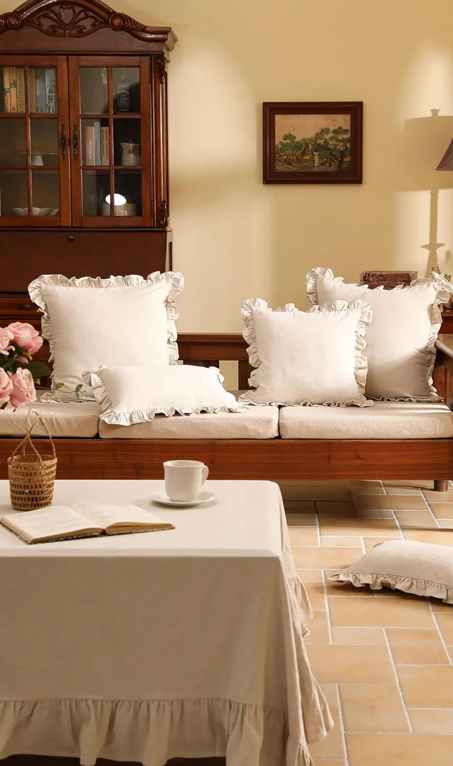 patdrea Linen Shabby Chic Decorative Throw Pillow Covers 12"x20" Set of 2,Farmhouse Linen Pillow Covers with Ruffles,Rectangle Sturdy Throw Pillow Case for Couch Sofa Bed Living Room