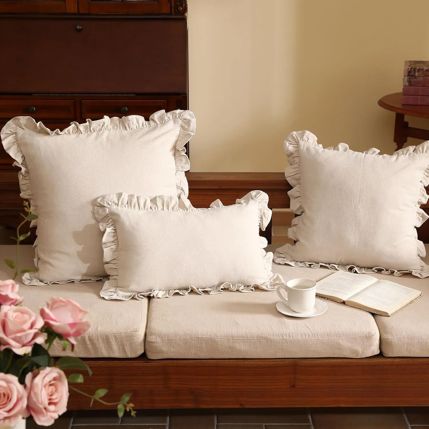 patdrea Linen Shabby Chic Decorative Throw Pillow Covers 12"x20" Set of 2,Farmhouse Linen Pillow Covers with Ruffles,Rectangle Sturdy Throw Pillow Case for Couch Sofa Bed Living Room