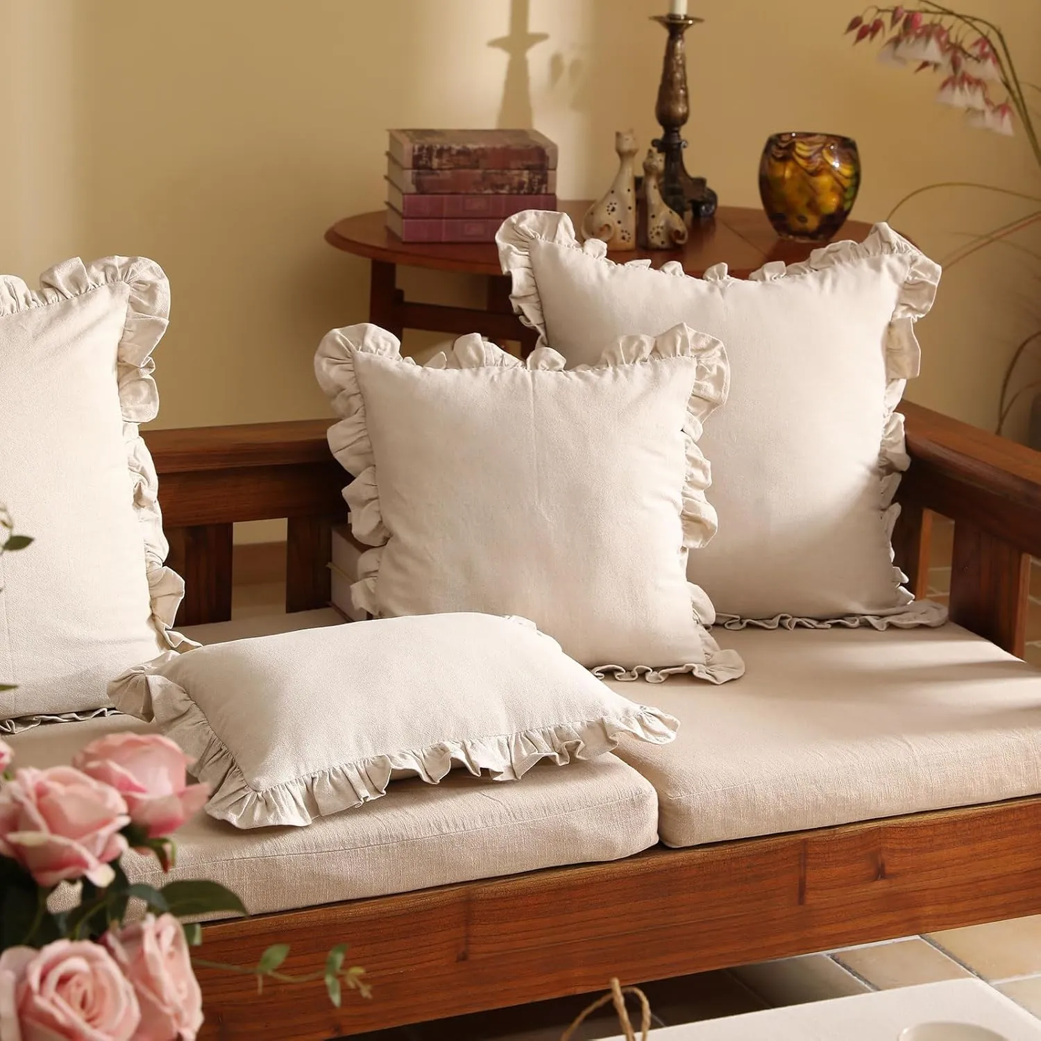 patdrea Linen Shabby Chic Decorative Throw Pillow Covers 12"x20" Set of 2,Farmhouse Linen Pillow Covers with Ruffles,Rectangle Sturdy Throw Pillow Case for Couch Sofa Bed Living Room