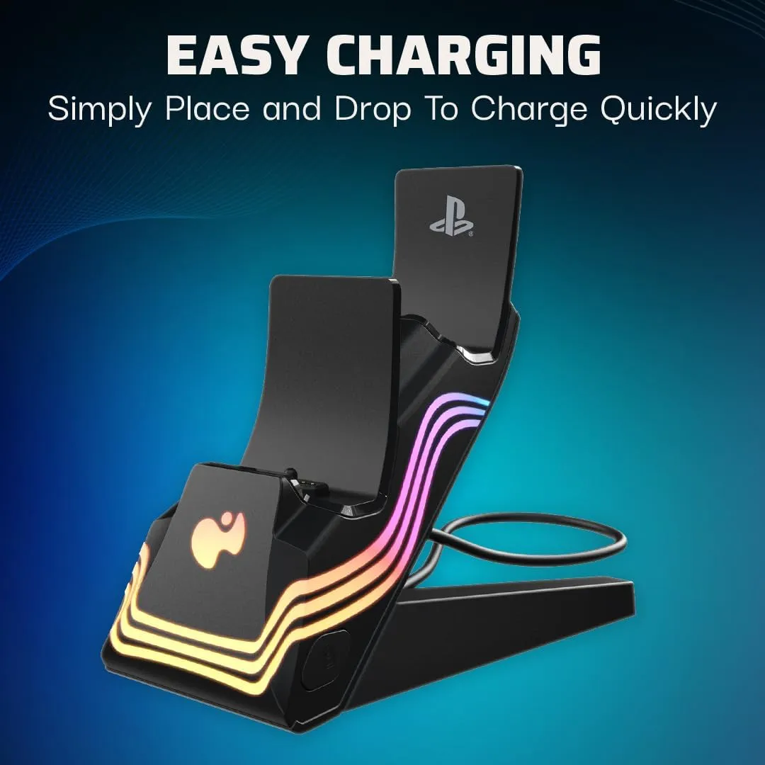 PDP Afterglow Wave LED Dual Gaming Charger for 2 PlayStation 5 DualSense Controllers, Compatible with PS5 and PS4, Customizable RGB Lighting Effects - Black