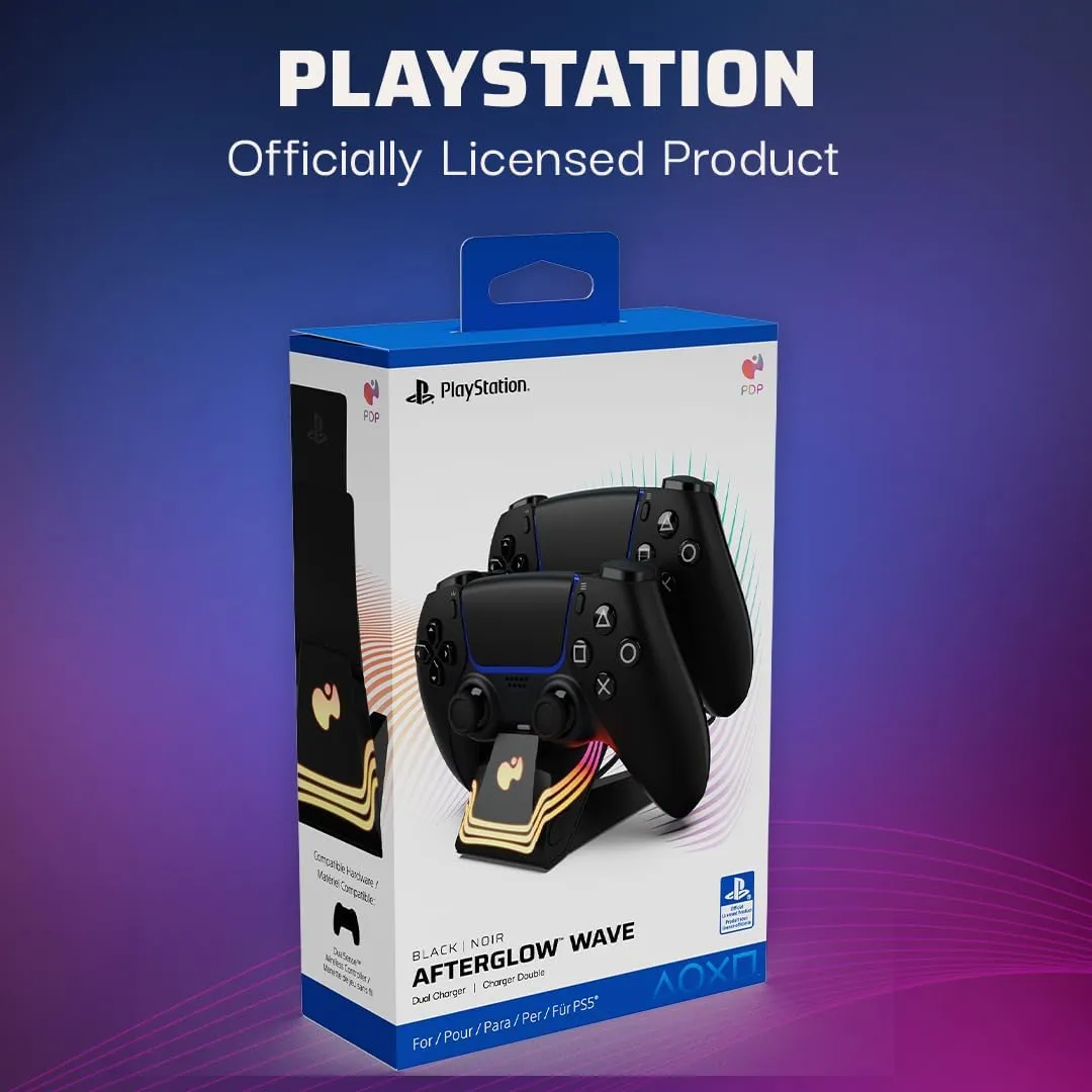 PDP Afterglow Wave LED Dual Gaming Charger for 2 PlayStation 5 DualSense Controllers, Compatible with PS5 and PS4, Customizable RGB Lighting Effects - Black