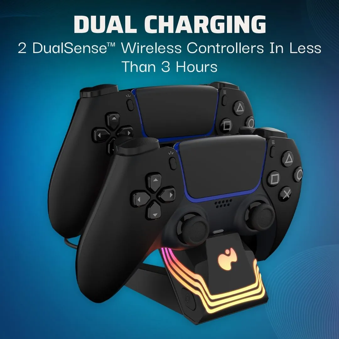 PDP Afterglow Wave LED Dual Gaming Charger for 2 PlayStation 5 DualSense Controllers, Compatible with PS5 and PS4, Customizable RGB Lighting Effects - Black