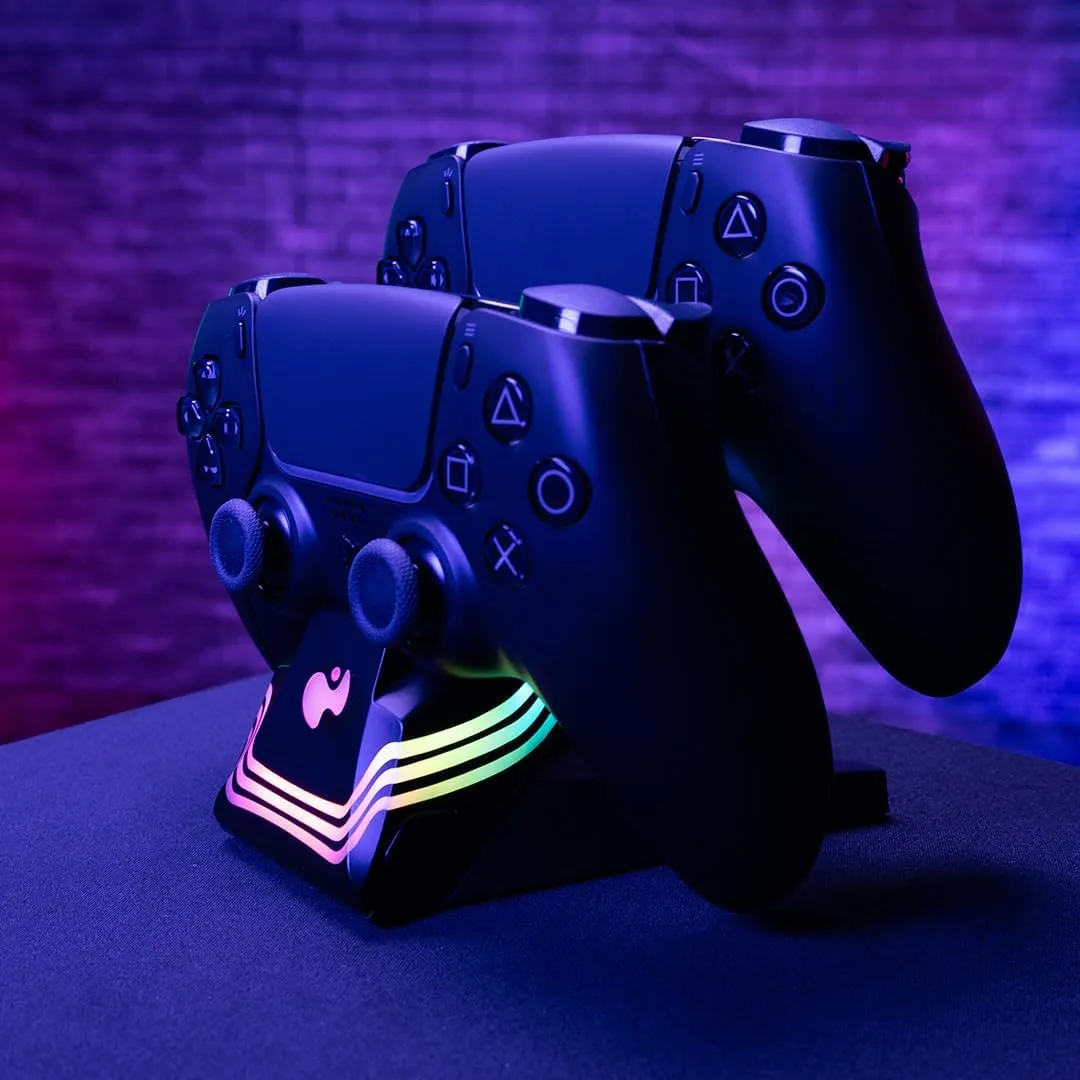 PDP Afterglow Wave LED Dual Gaming Charger for 2 PlayStation 5 DualSense Controllers, Compatible with PS5 and PS4, Customizable RGB Lighting Effects - Black