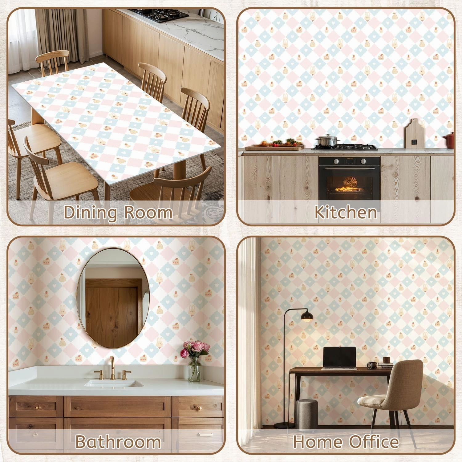 Peel and Stick Wallpaper Self Adhesive Wall Mural Preppy bunny rabbit desserts strawberries lace geometric seamless Contact Paper Renter Friendly Wallpaper for Kitchen Nursery Bedroom 17.7"x118"