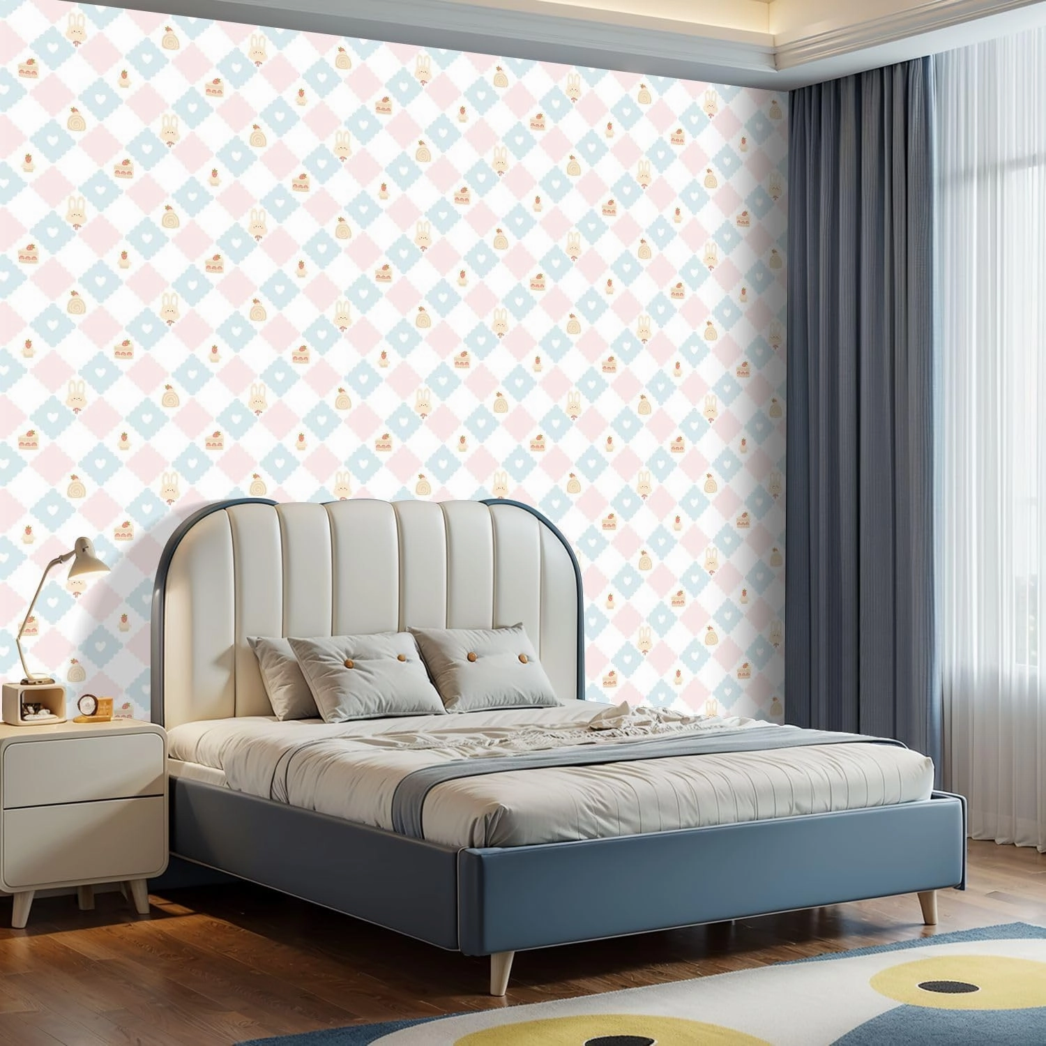 Peel and Stick Wallpaper Self Adhesive Wall Mural Preppy bunny rabbit desserts strawberries lace geometric seamless Contact Paper Renter Friendly Wallpaper for Kitchen Nursery Bedroom 17.7"x118"