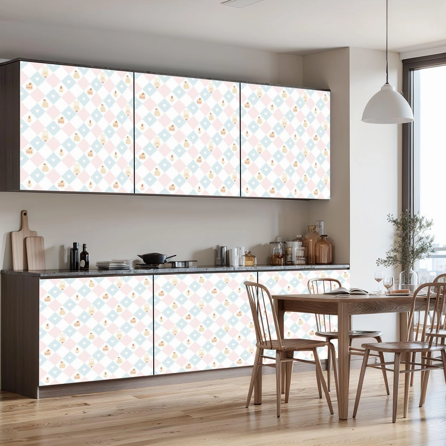 Peel and Stick Wallpaper Self Adhesive Wall Mural Preppy bunny rabbit desserts strawberries lace geometric seamless Contact Paper Renter Friendly Wallpaper for Kitchen Nursery Bedroom 17.7"x118"