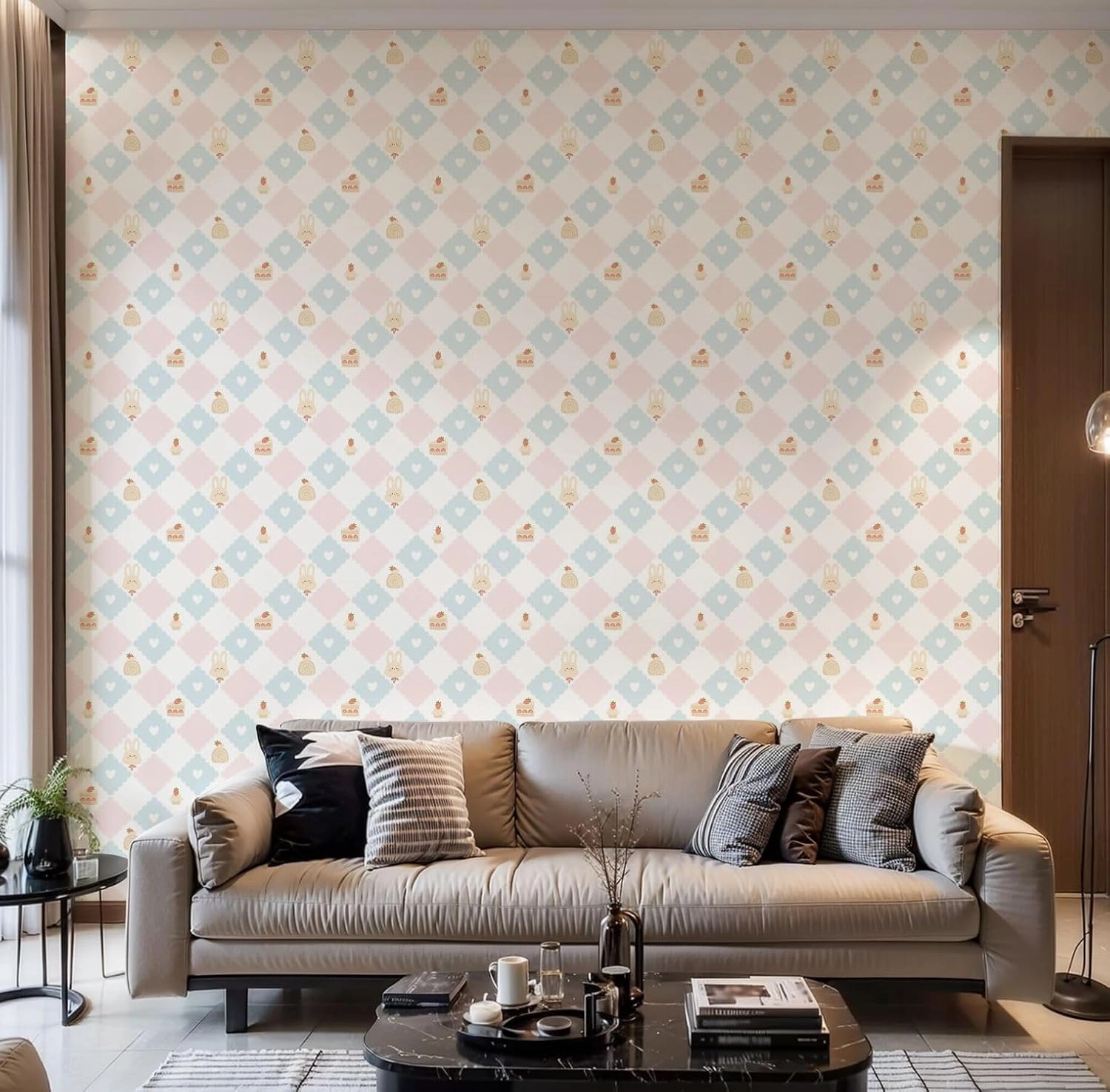 Peel and Stick Wallpaper Self Adhesive Wall Mural Preppy bunny rabbit desserts strawberries lace geometric seamless Contact Paper Renter Friendly Wallpaper for Kitchen Nursery Bedroom 17.7"x118"