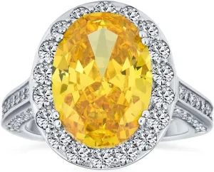 Personalize Vintage Style 5-7 Karat Crown Halo Oval Cubic Zirconia Simulated CZ Yellow Royal Blue Sapphire Engagement Ring .925 Sterling Silver Customizable