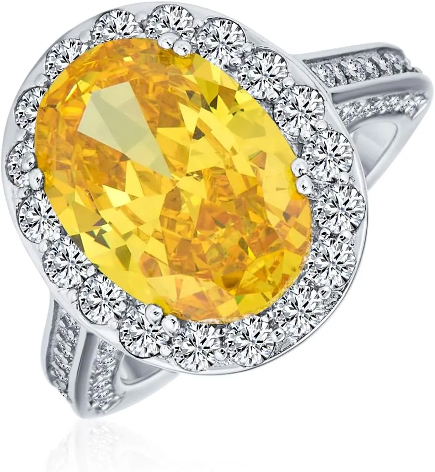 Personalize Vintage Style 5-7 Karat Crown Halo Oval Cubic Zirconia Simulated CZ Yellow Royal Blue Sapphire Engagement Ring .925 Sterling Silver Customizable