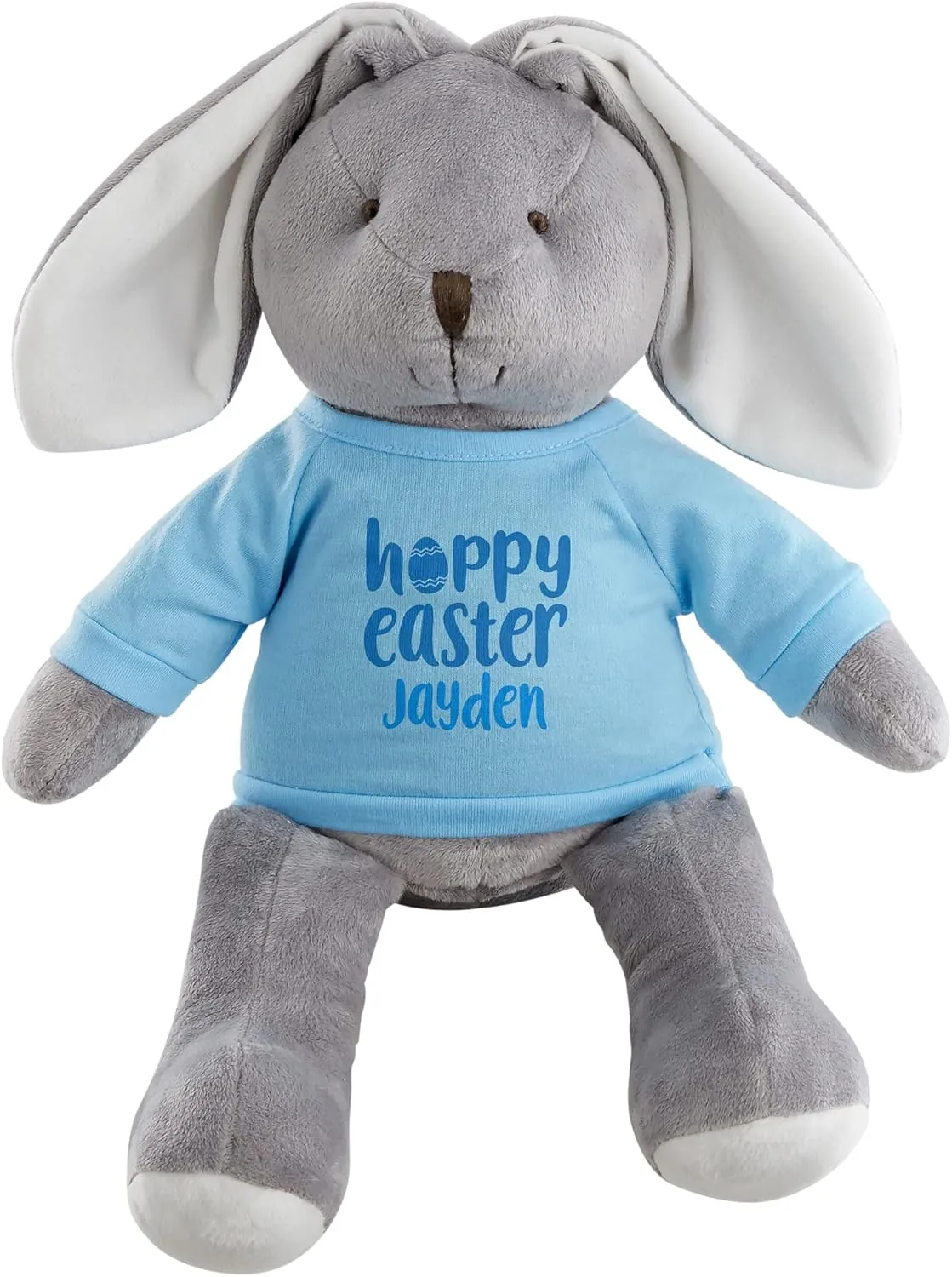 Personalized Universe Personalized Hoppy Easter Plush Grey Bunny with Blue Shirt - 16" Stuffed Animal with Custom Name Embroidery for Baby Boy, 1st Easter Basket Stuffer