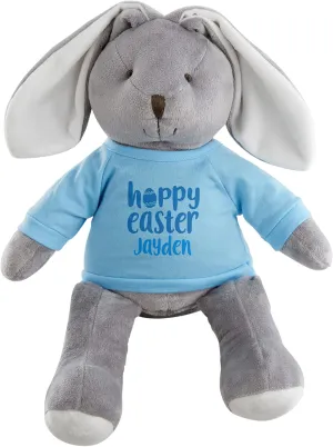 Personalized Universe Personalized Hoppy Easter Plush Grey Bunny with Blue Shirt - 16" Stuffed Animal with Custom Name Embroidery for Baby Boy, 1st Easter Basket Stuffer