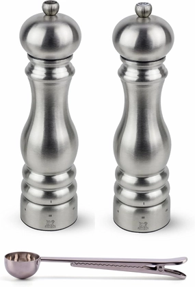 Peugeot Paris u'Select 6 Setting Manual Stainless Steel Salt & Pepper Mill Set With Stainless Steel Spice Scoop Made In France (9- Inch)