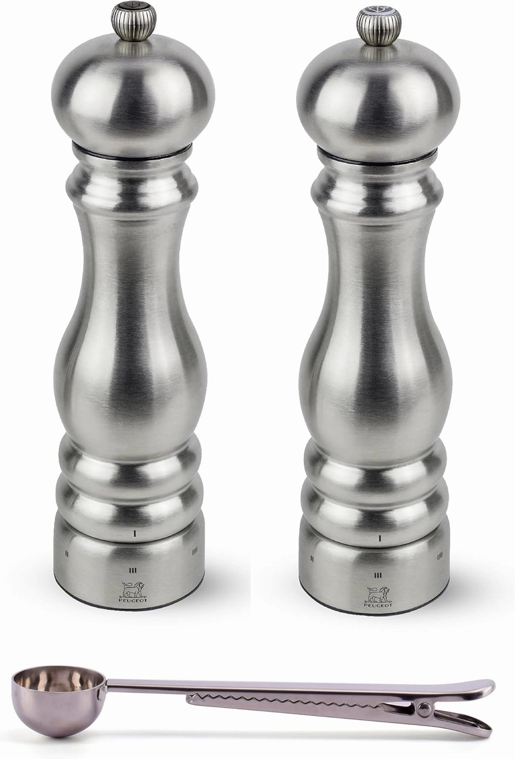 Peugeot Paris u'Select 6 Setting Manual Stainless Steel Salt & Pepper Mill Set With Stainless Steel Spice Scoop Made In France (9- Inch)
