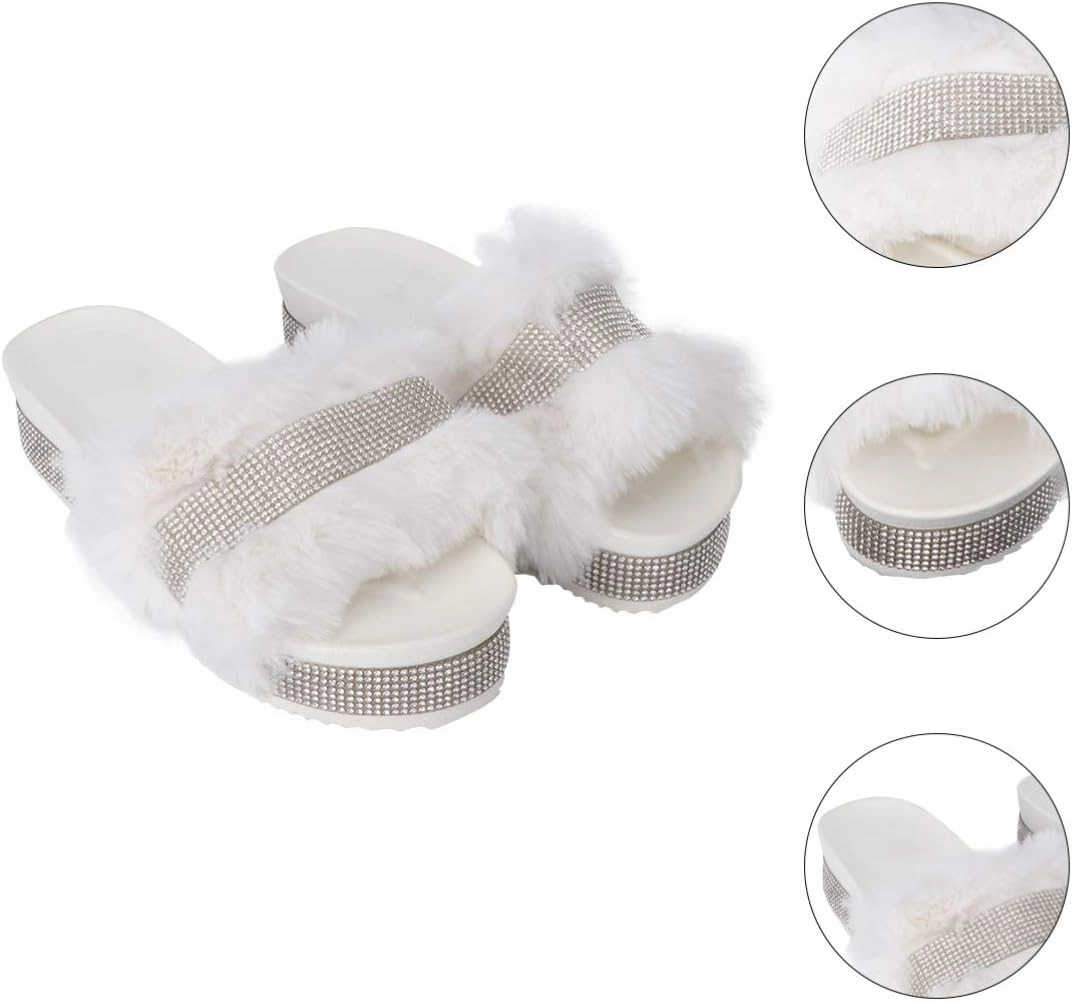 Plush Slippers Open Toe Stage Rhinestone Fuzzy Slippers Shoes Household Outdoor Indoor Slippers Shoes Girls Slippers Gift 1 Pair