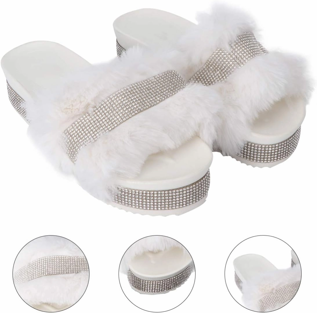 Plush Slippers Open Toe Stage Rhinestone Fuzzy Slippers Shoes Household Outdoor Indoor Slippers Shoes Girls Slippers Gift 1 Pair