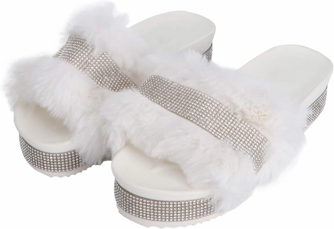 Plush Slippers Open Toe Stage Rhinestone Fuzzy Slippers Shoes Household Outdoor Indoor Slippers Shoes Girls Slippers Gift 1 Pair