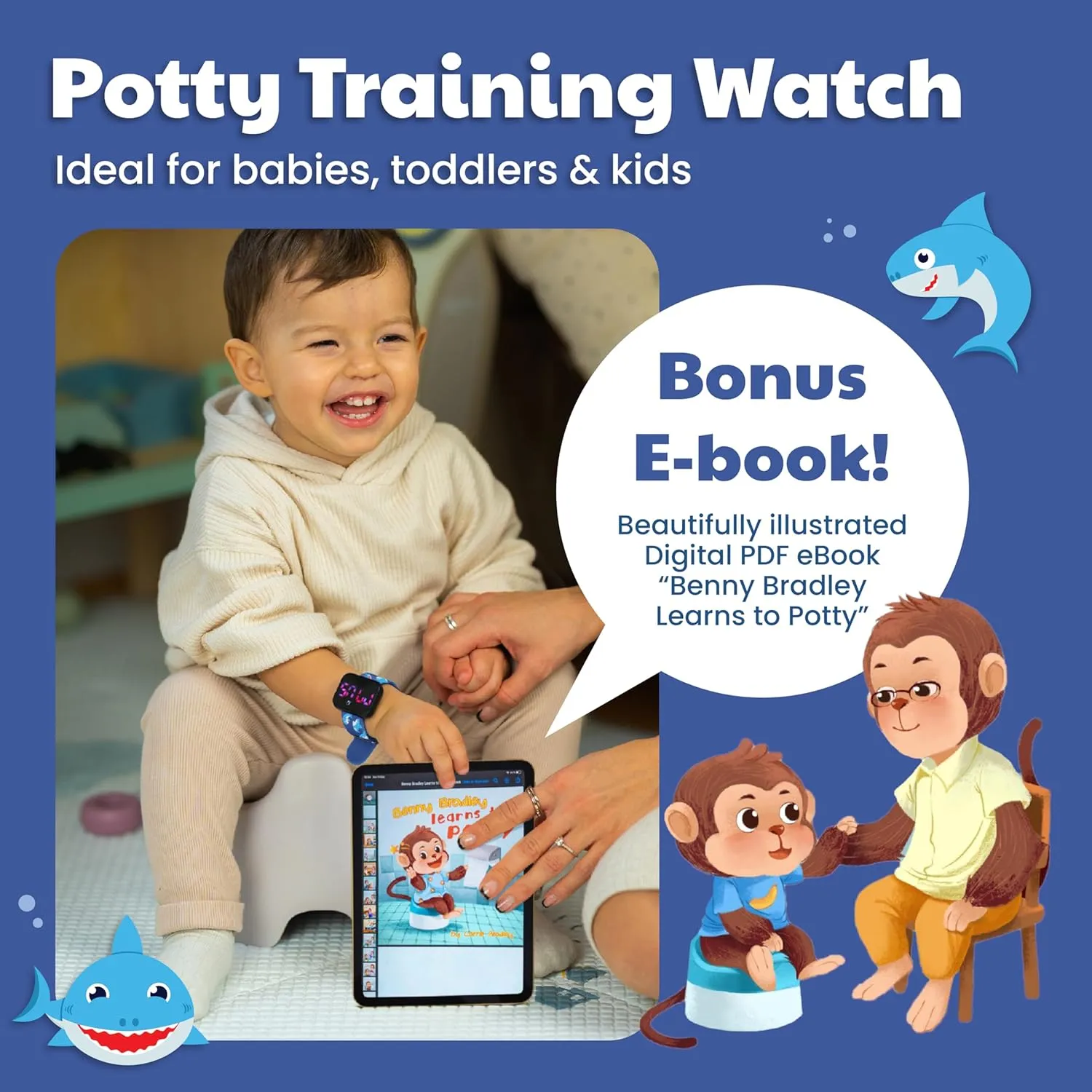 Potty Training Watch for Kids V2 – A Water Resistant Toilet Reminder Device for Boys & Girls to Train Your Toddler with Fun/Musical & Vibration Interval Reminder with Potty Training eBook (Sharks)