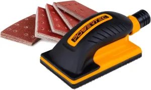 POWERTEC Vacuum Sanding Block w/ 1" OD Dust Collection Port & Hook and Loop Sandpaper (40, 80, 120, 180, 240 Grit 10 Each) for Woodworking, Dust-Free Sanding Tool for Auto Body, Paint, Drywall (71514)