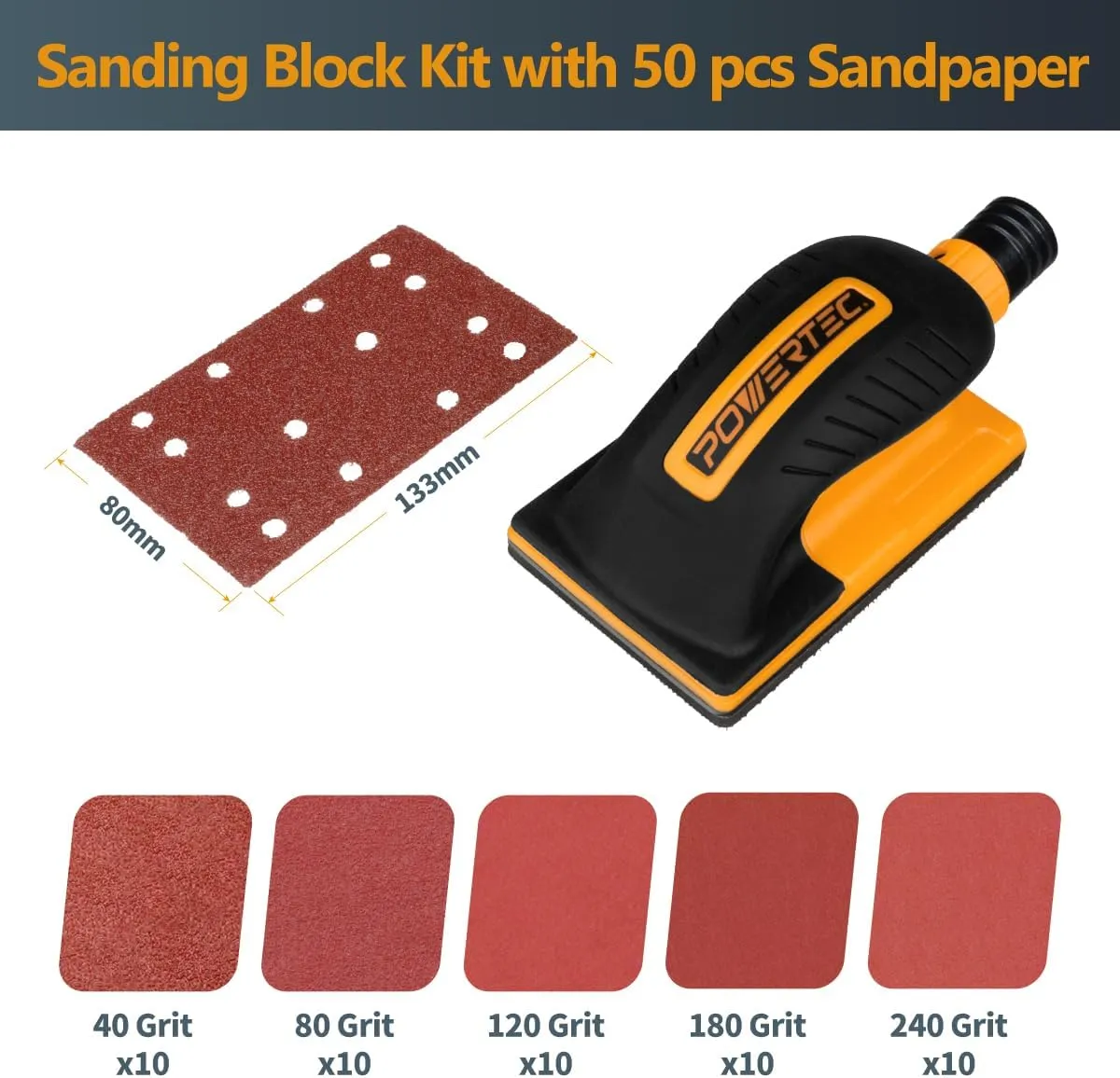 POWERTEC Vacuum Sanding Block w/ 1" OD Dust Collection Port & Hook and Loop Sandpaper (40, 80, 120, 180, 240 Grit 10 Each) for Woodworking, Dust-Free Sanding Tool for Auto Body, Paint, Drywall (71514)